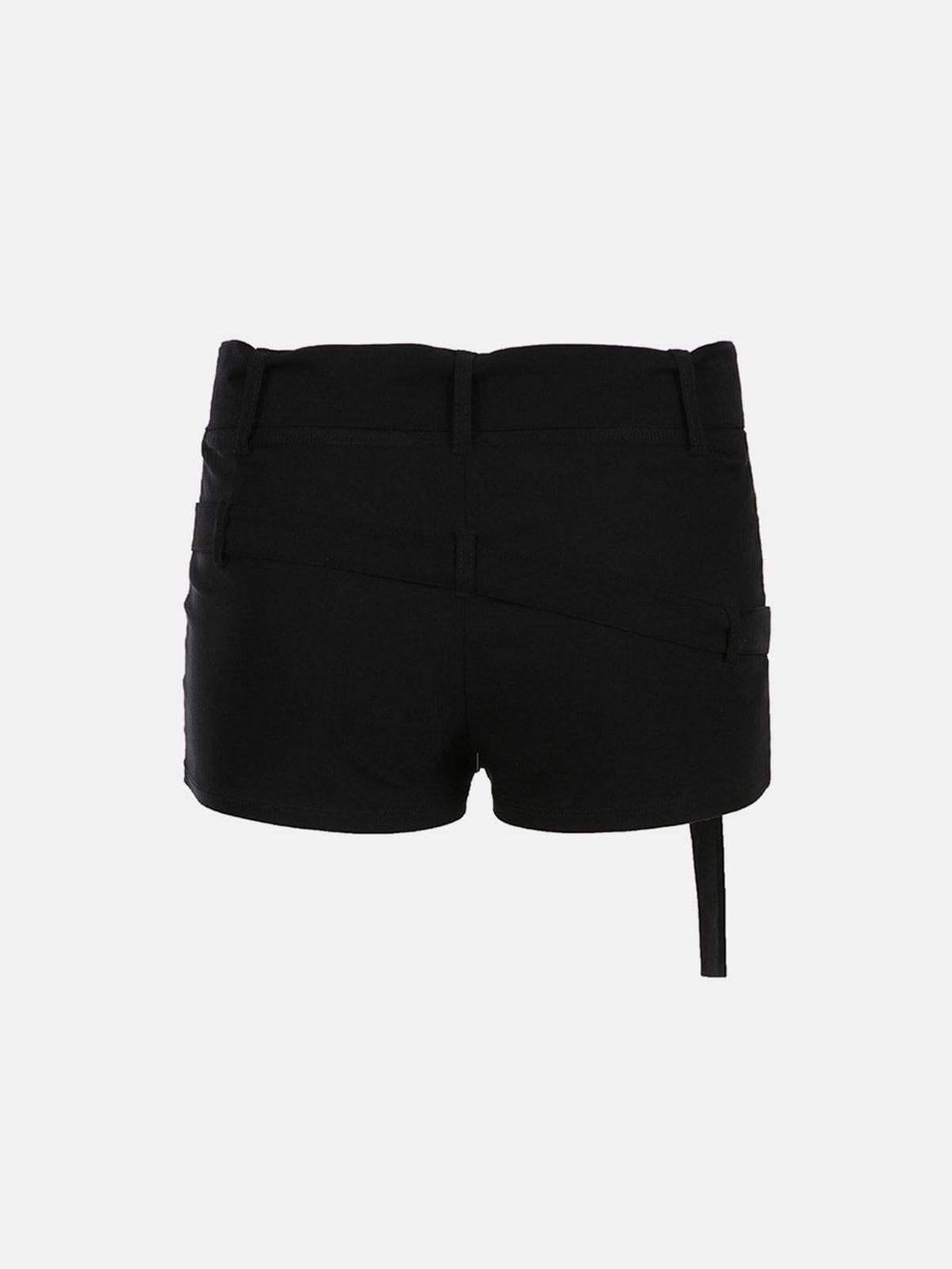 Back view of black eyelet shorts by TALISHKO, featuring unique strap detail, perfect for sunny days.