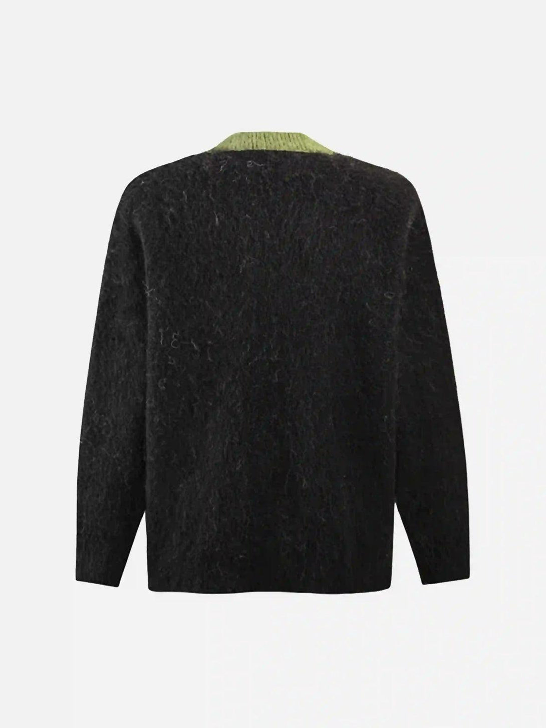 Back view of TALISHKO mohair sweater highlighting its soft texture and contrasting green collar.