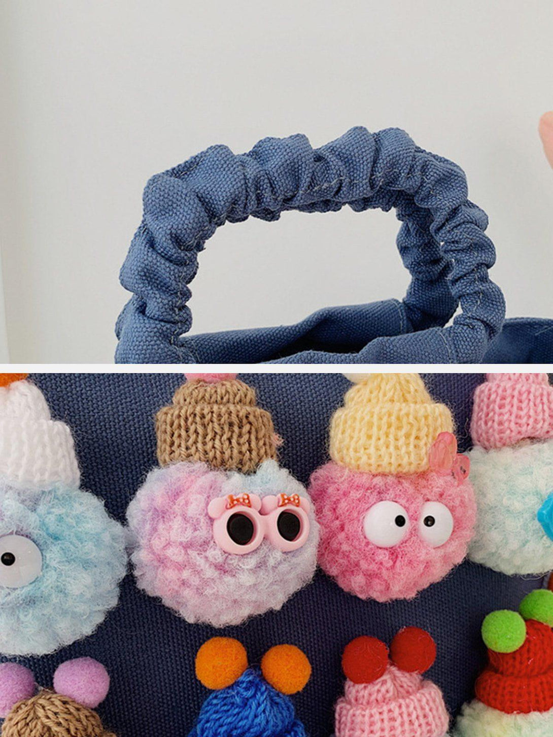 TALISHKO's canvas bag handle with quirky pom-pom characters adds charm and playfulness.
