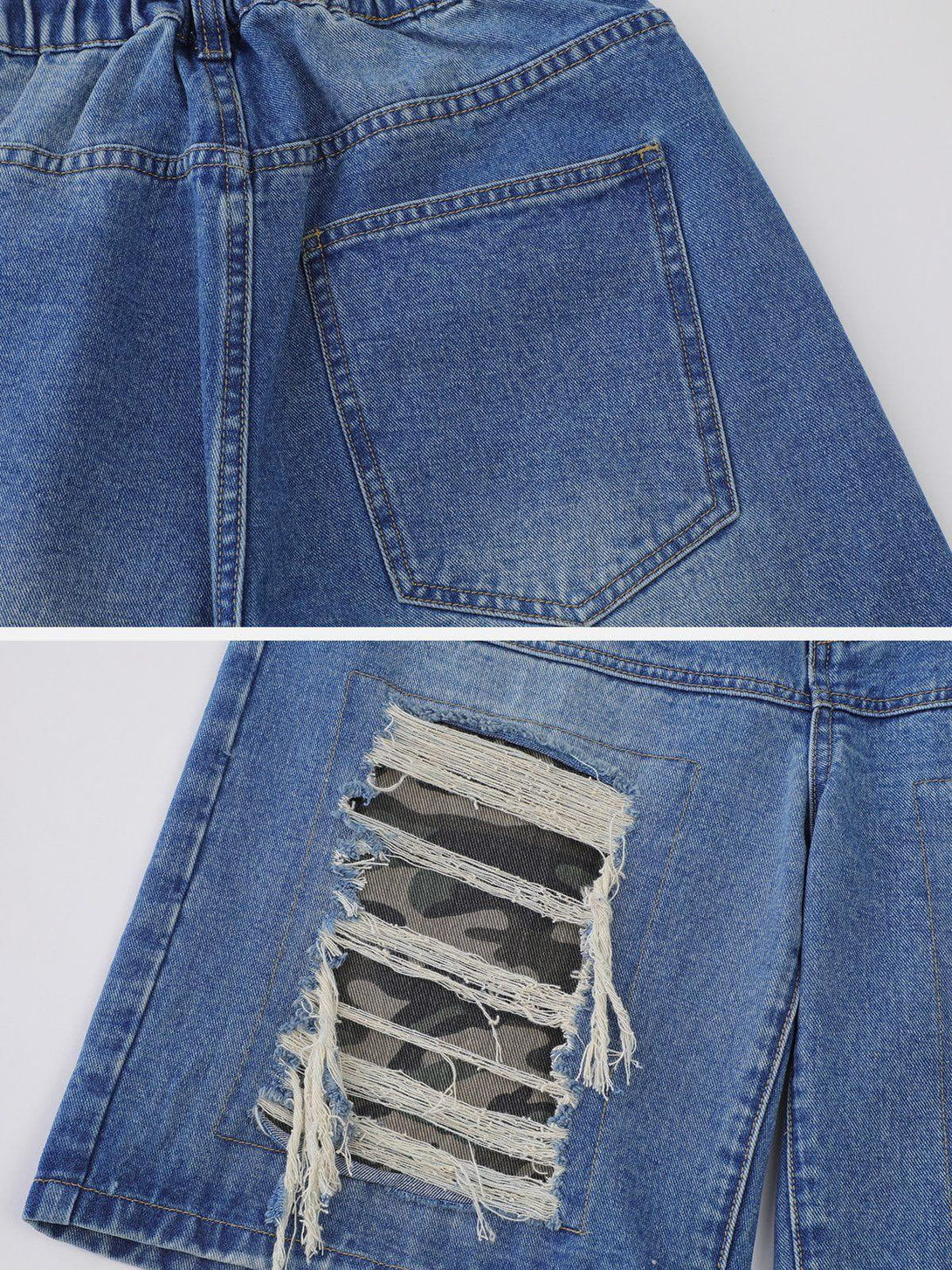 Focusing on TALISHKO jorts, detailed view of distressed camouflage patchwork on blue denim.