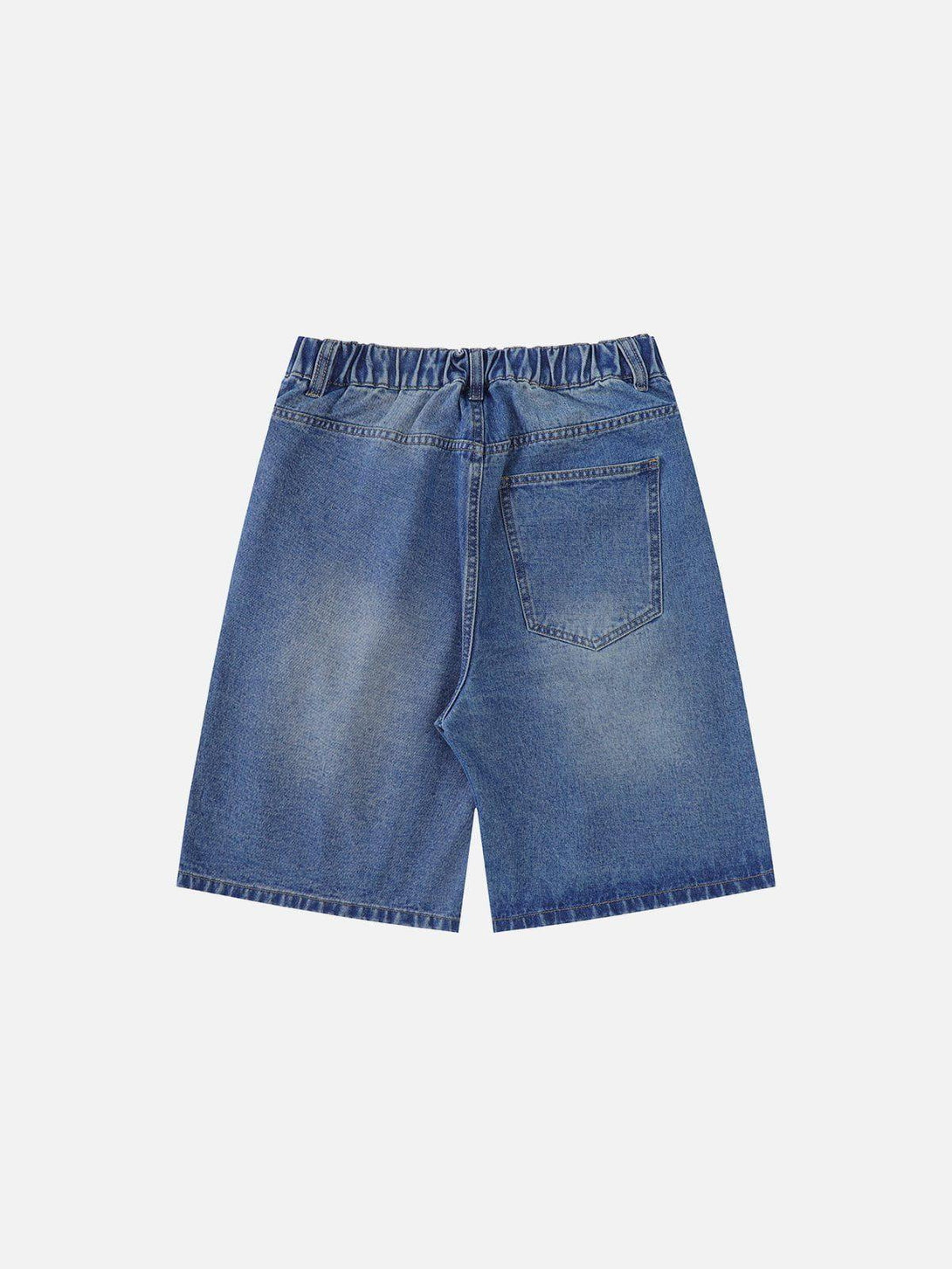 Back view of TALISHKO jorts, showcasing a blue denim design with an elastic waistband.