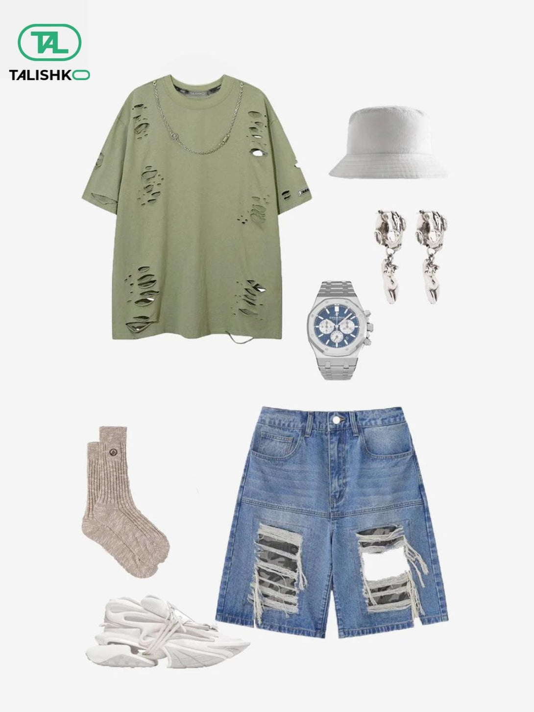 Trendy streetwear ensemble by TALISHKO, featuring distressed shirt, denim shorts, and stylish accessories.