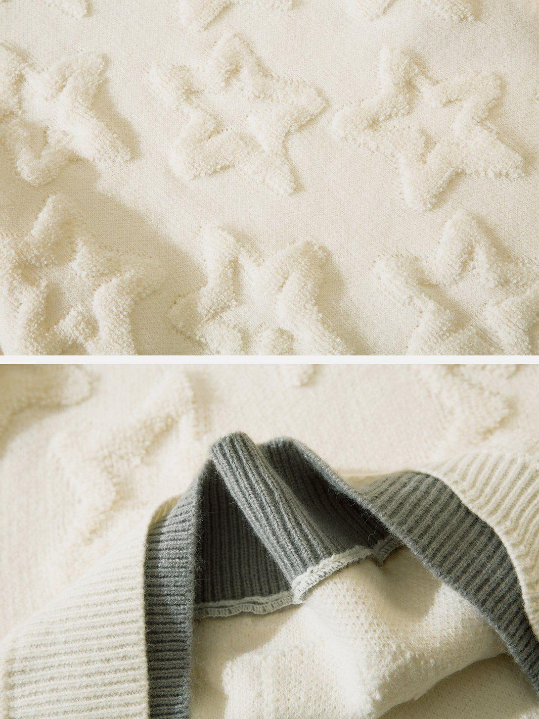Texture and pattern showcased in TALISHKO's 3D star sweater with a layered collar design.