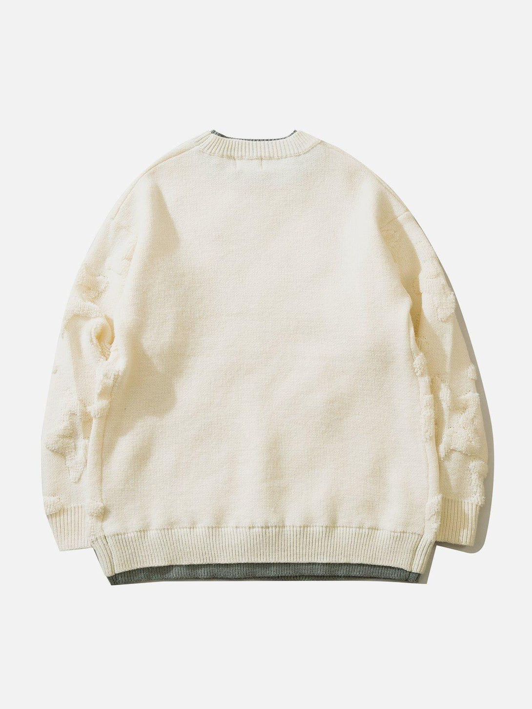 Back view of TALISHKO's 3D star graphics sweater in a soft, creamy hue, showcasing unique detailing.