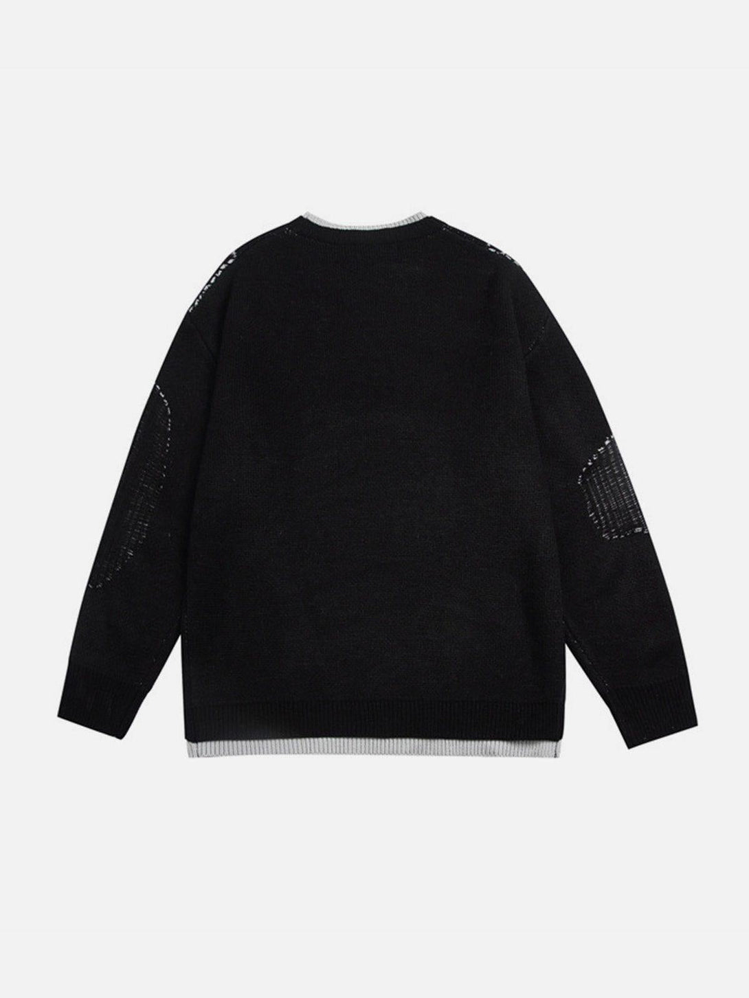 Back view of a TALISHKO sweater with a layered look and intricate elbow details.