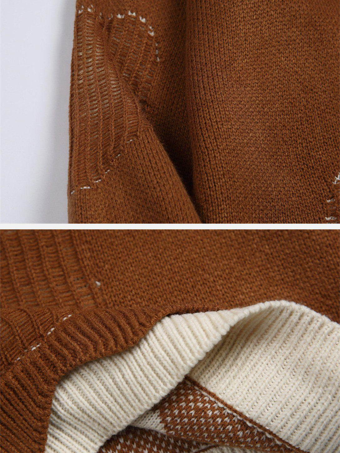 A detailed look at the TALISHKO sweater's textured fabric and layered design elements.
