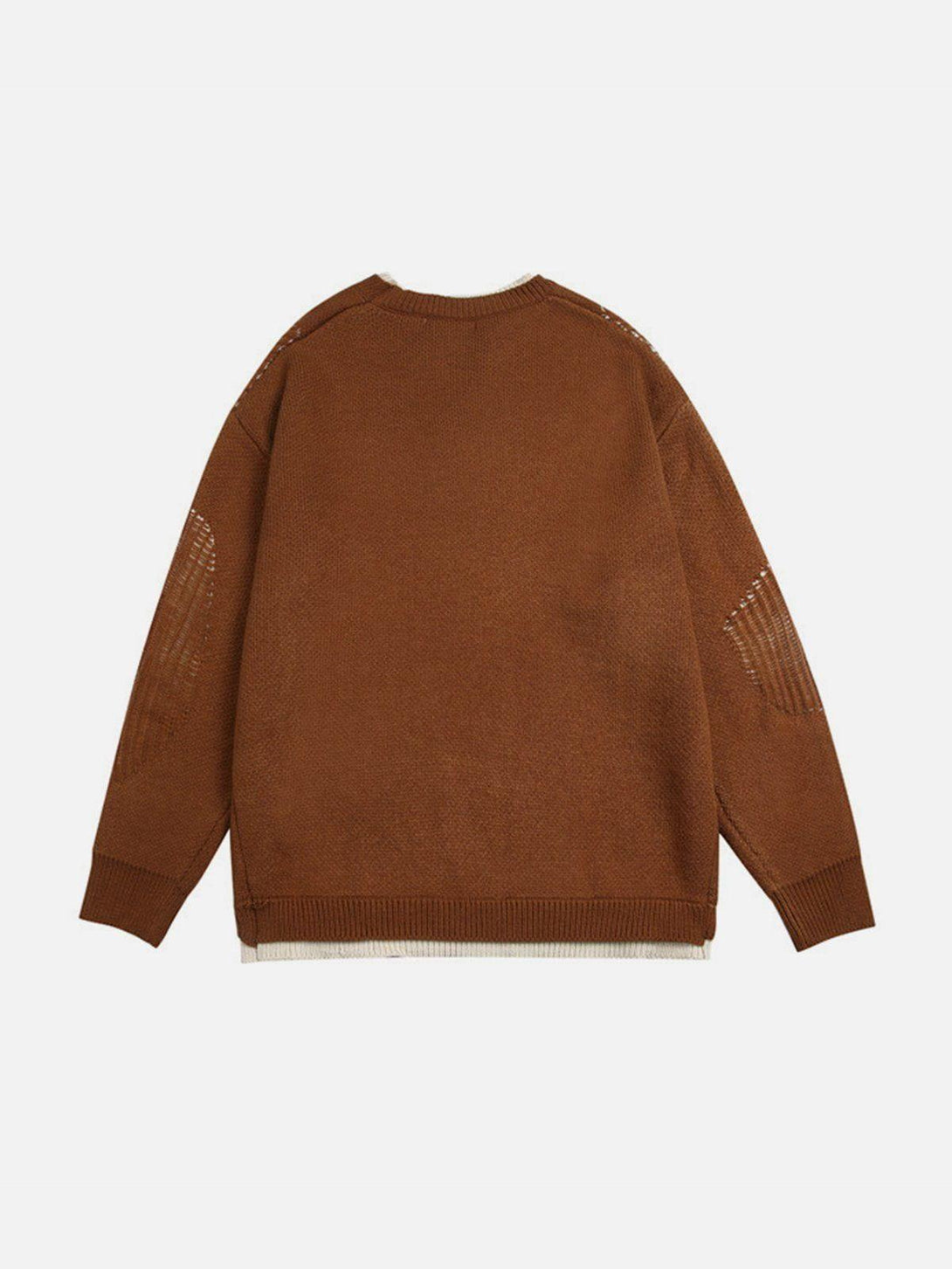 Back view of a brown TALISHKO sweater with a layered look and intricate elbow details.
