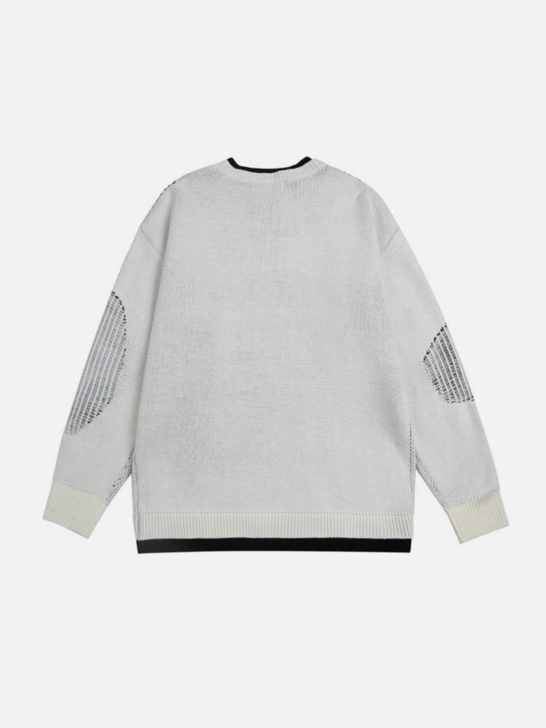 Back view of a TALISHKO sweater featuring a unique breakage design and detailed elbow patches.