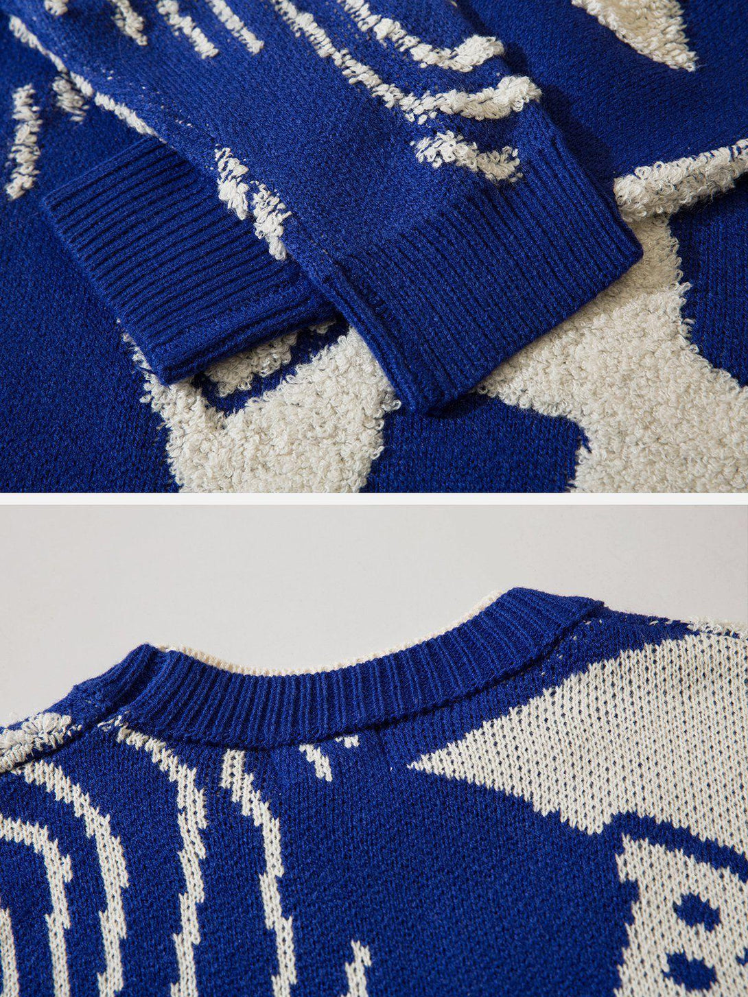 Detailed fabric and stitching of a blue TALISHKO sweater highlighting patchwork texture.
