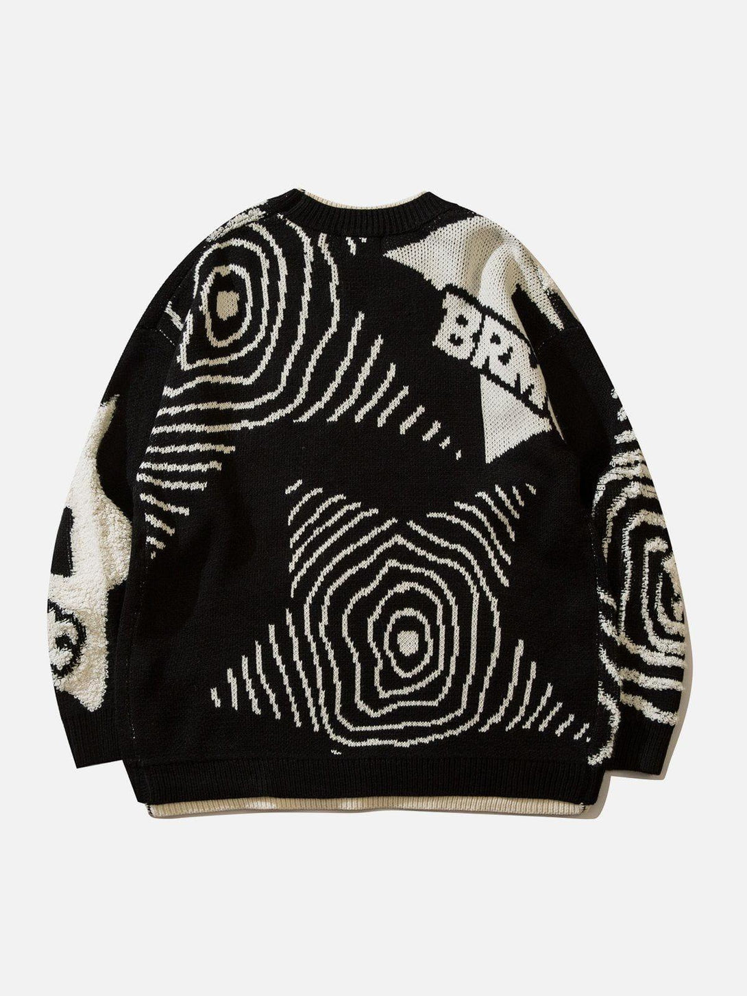 Back view of TALISHKO's black sweater showcasing abstract white patterns and textured details.