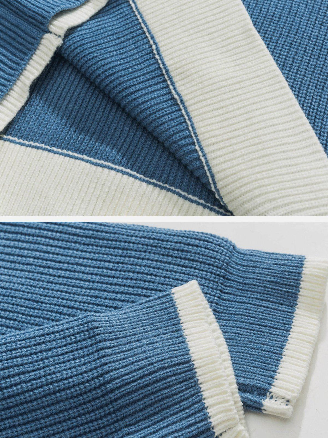 Intricate look at TALISHKO's blue knit sweater, highlighting ribbed texture and white trim.