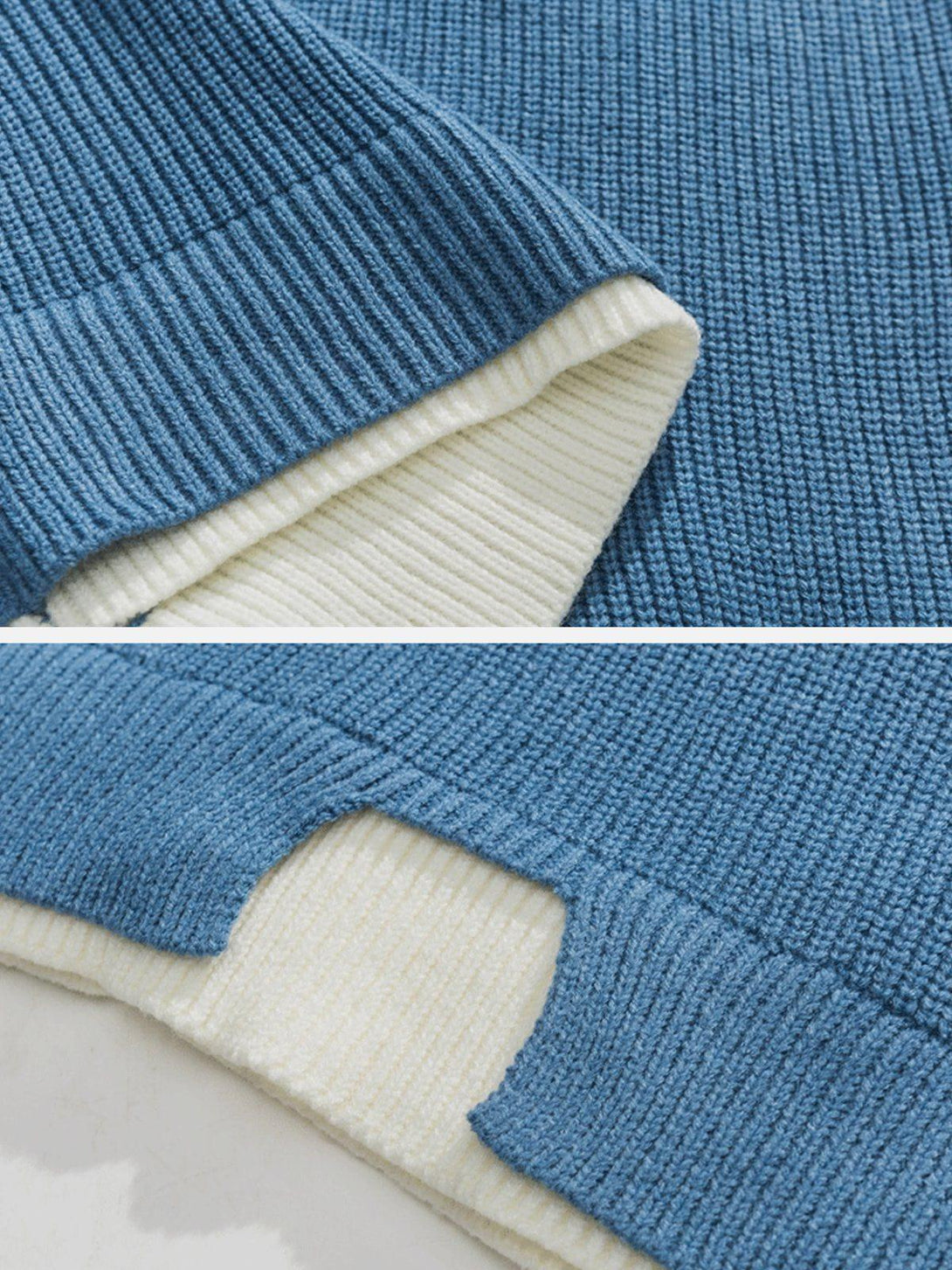 Detailed fabric and stitching of TALISHKO's blue knit sweater, highlighting ribbed texture.