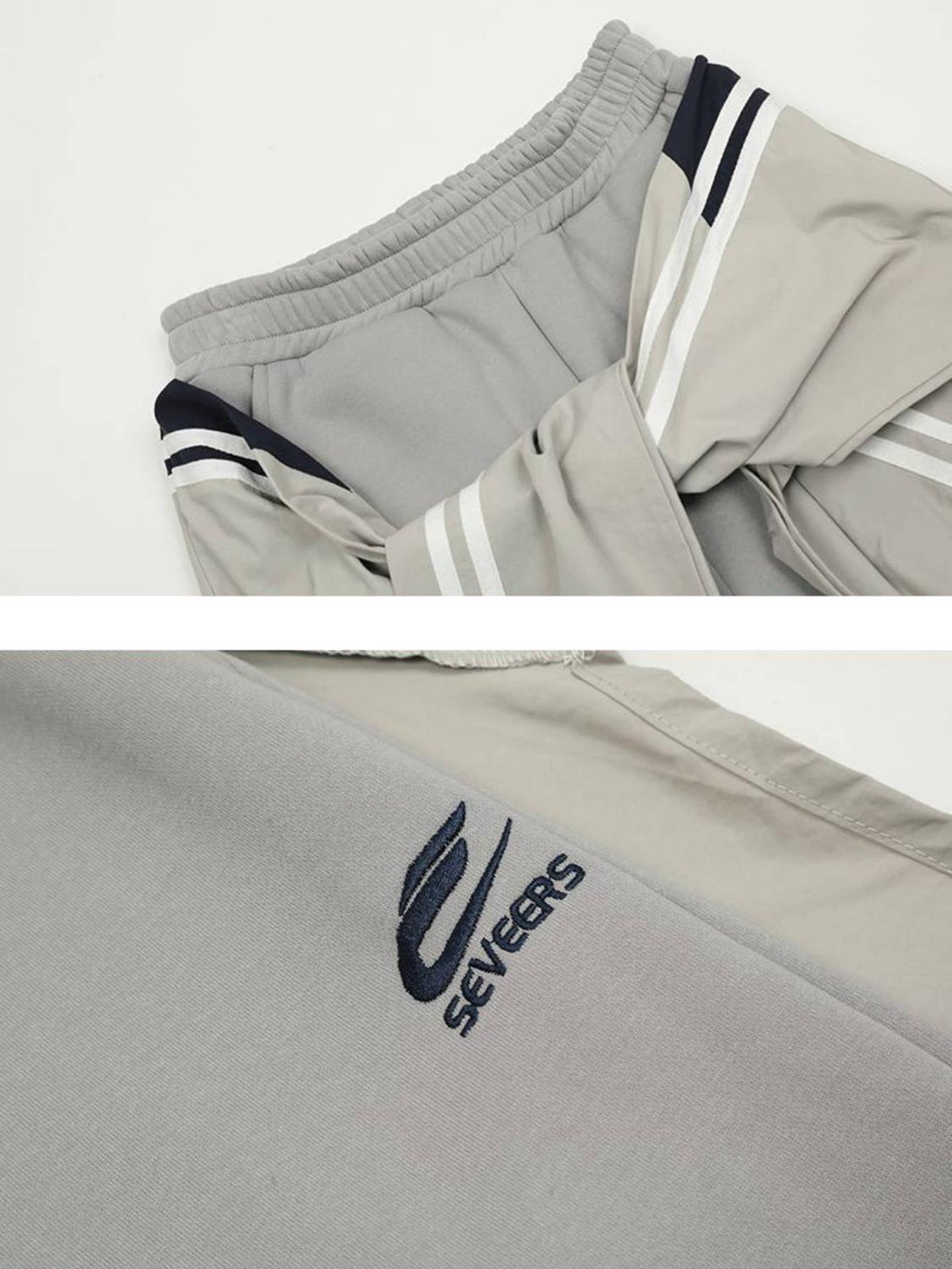 A close-up of TALISHKO sweatpants, highlighting the layered design and embroidered logo detail.