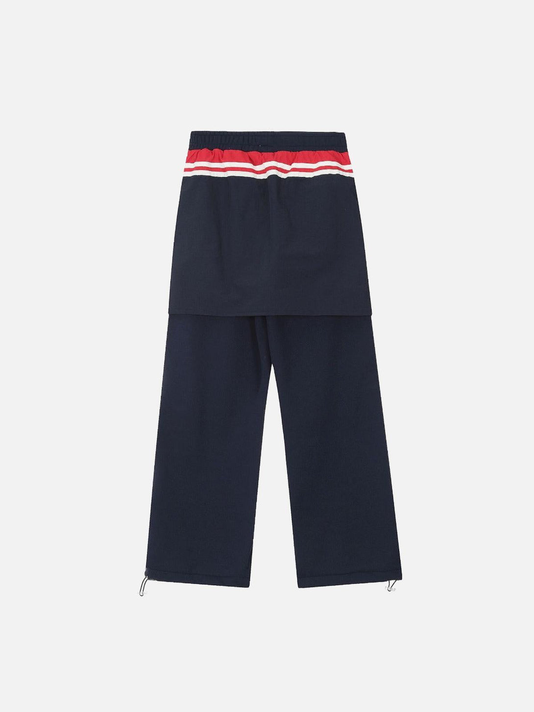 TALISHKO sweatpants featuring a layered look with red and white stripes, back view.