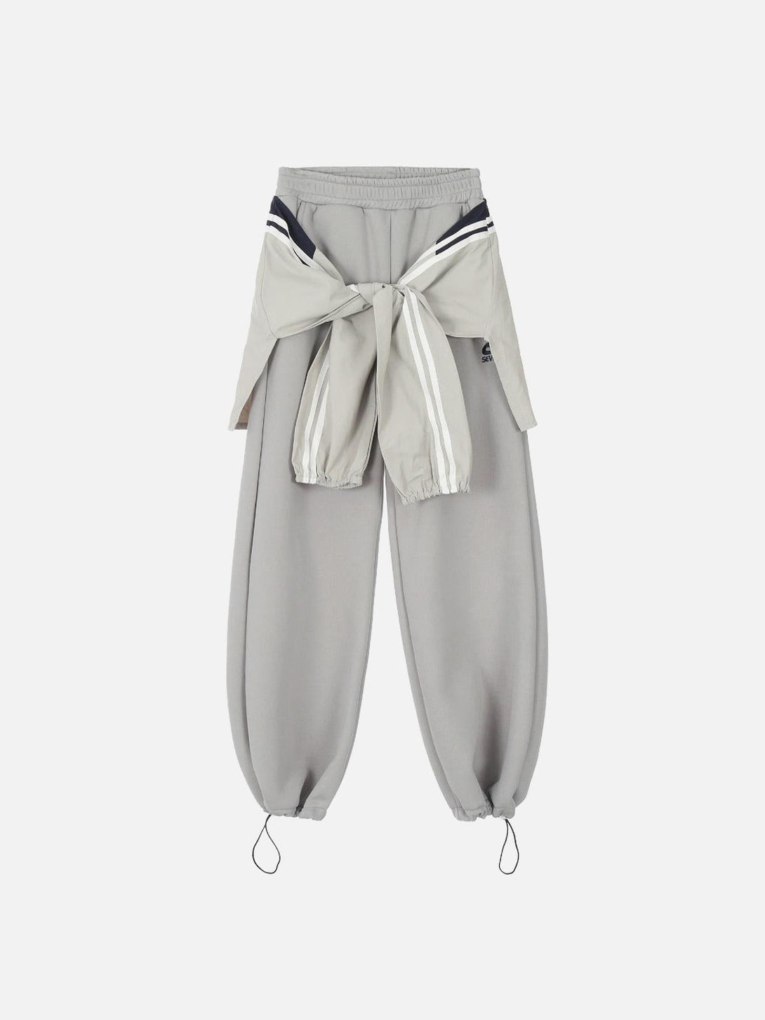 TALISHKO gray sweatpants with a layered design and tied jacket, showcasing a stylish look.