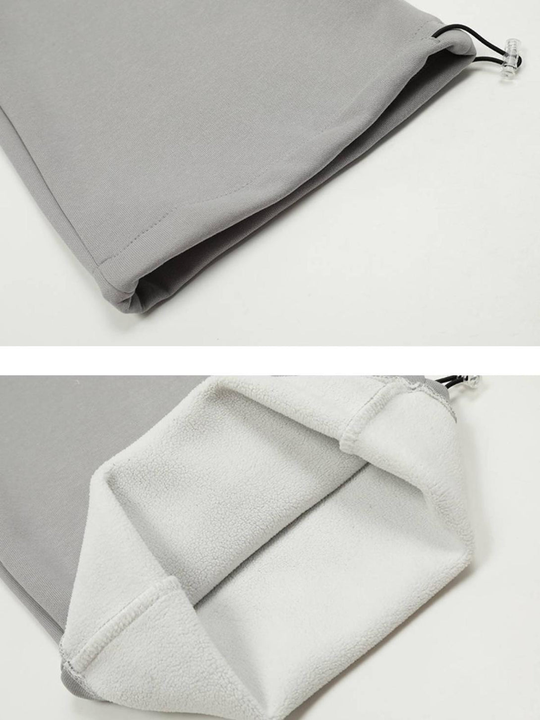 A detailed look at TALISHKO sweatpants, highlighting the soft fleece lining and drawstring hem.