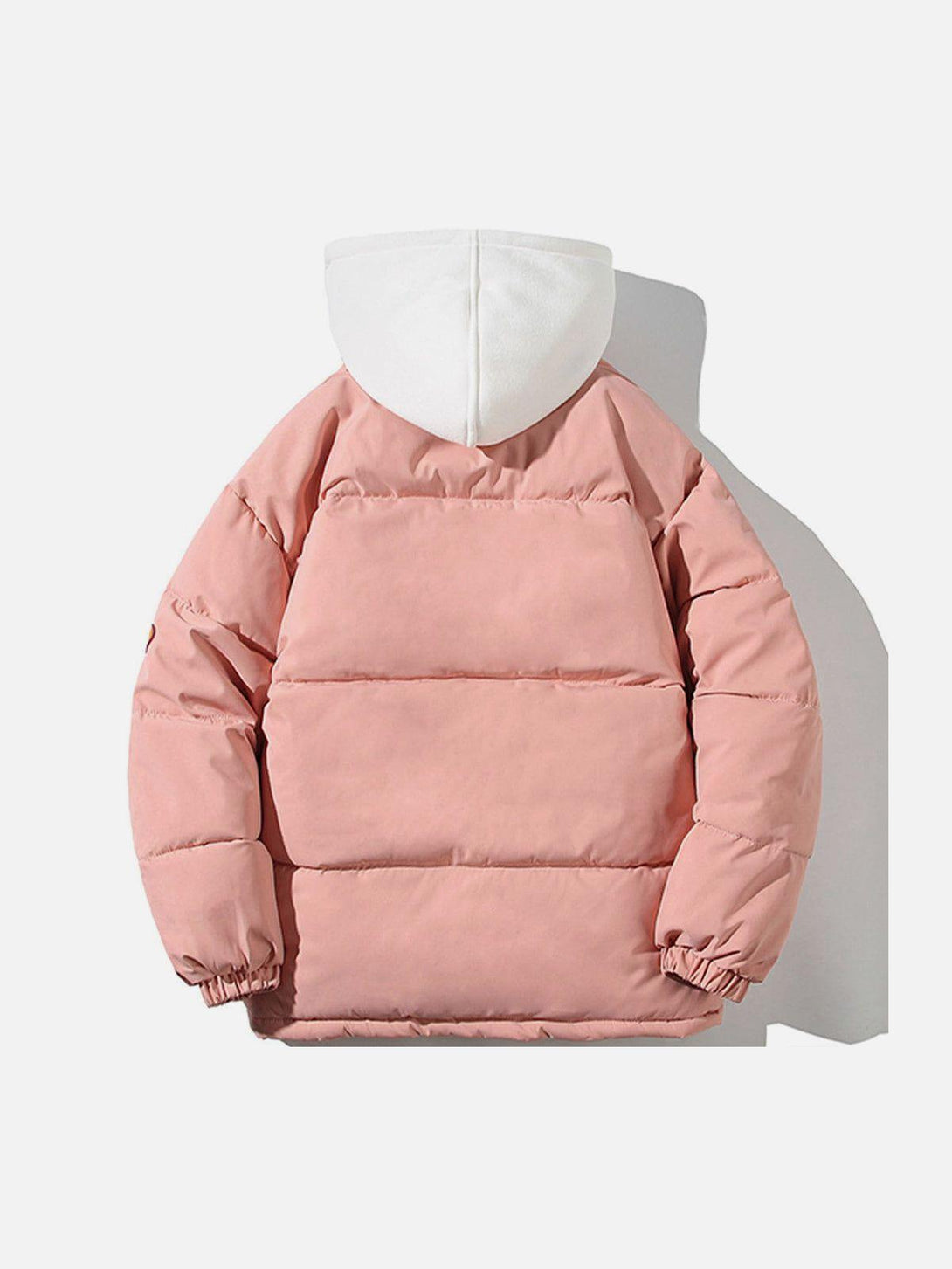 Back view of pink hooded winter coat by TALISHKO, featuring a cozy, layered design.