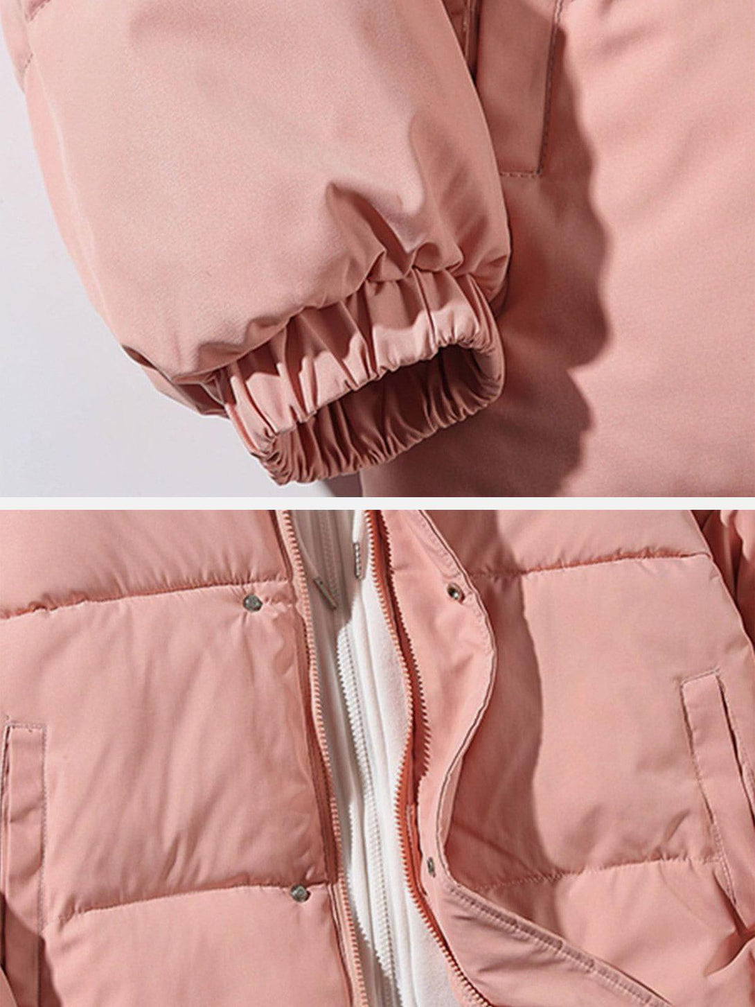 Intricate look at TALISHKO's pink coat sleeve and zipper detail, showcasing cozy craftsmanship.