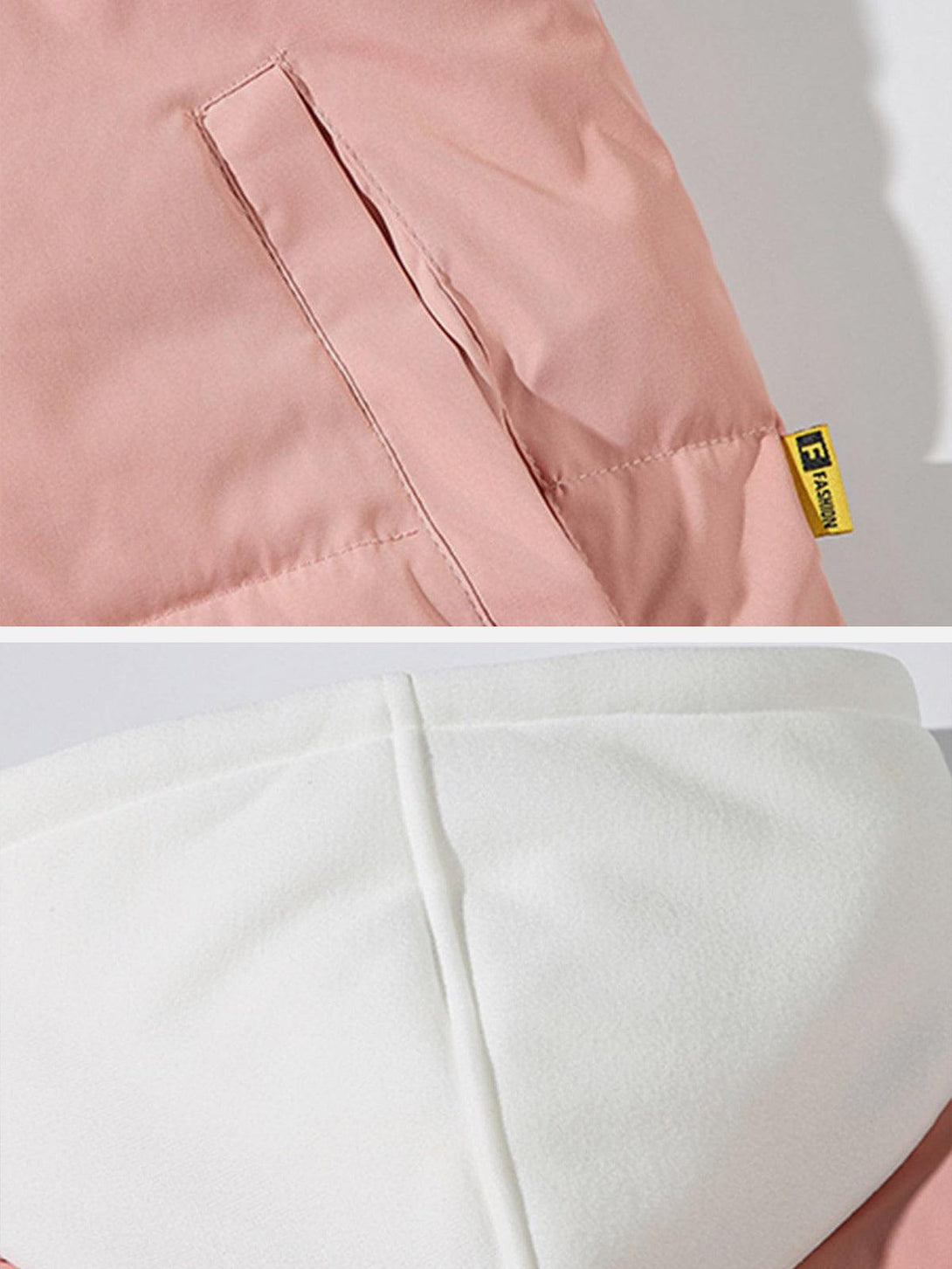 A detailed view of TALISHKO's pink winter coat, highlighting the pocket and white hood lining.