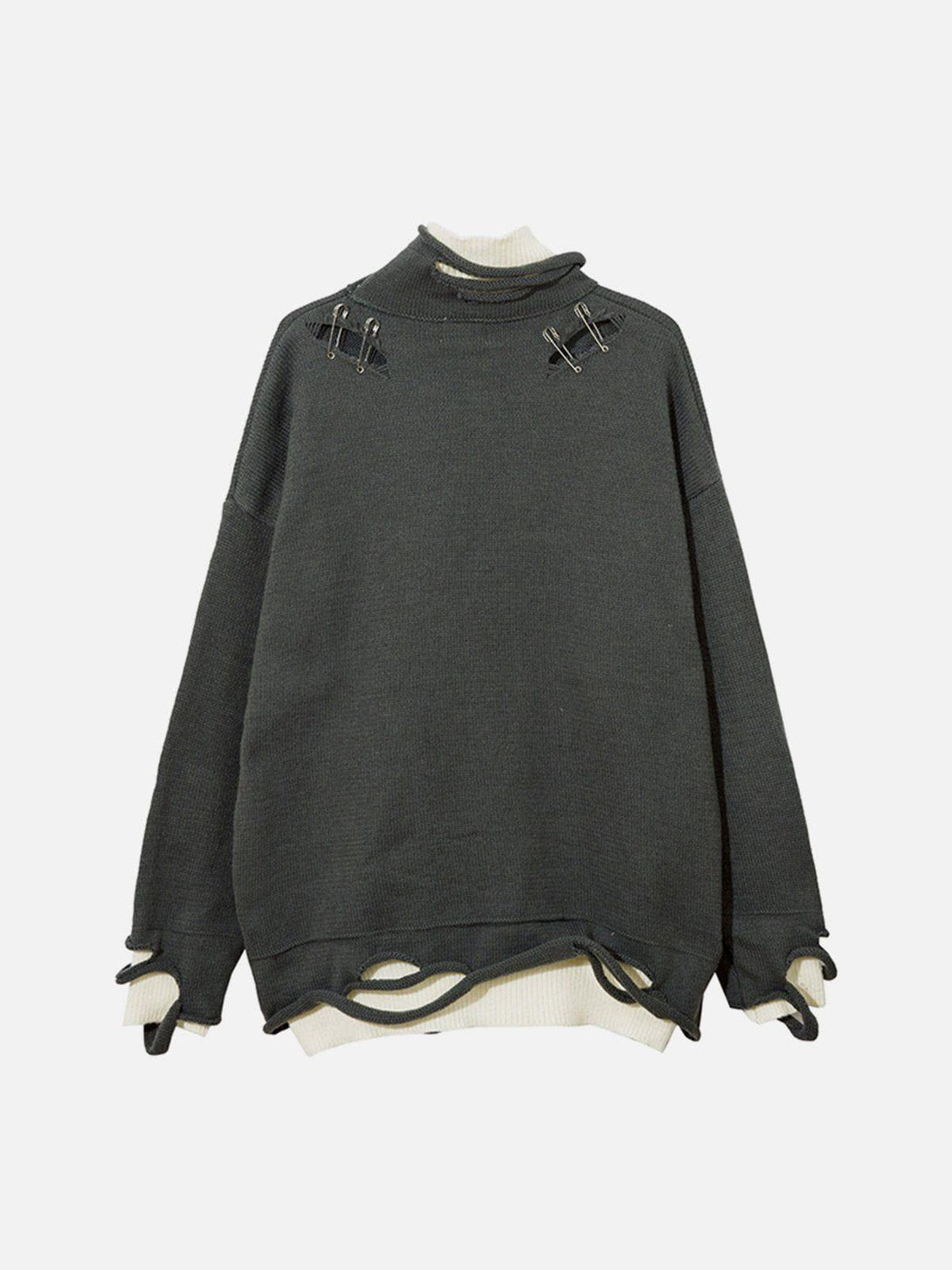 TALISHKO sweater with a layered look and pin accents, showcasing a unique design.