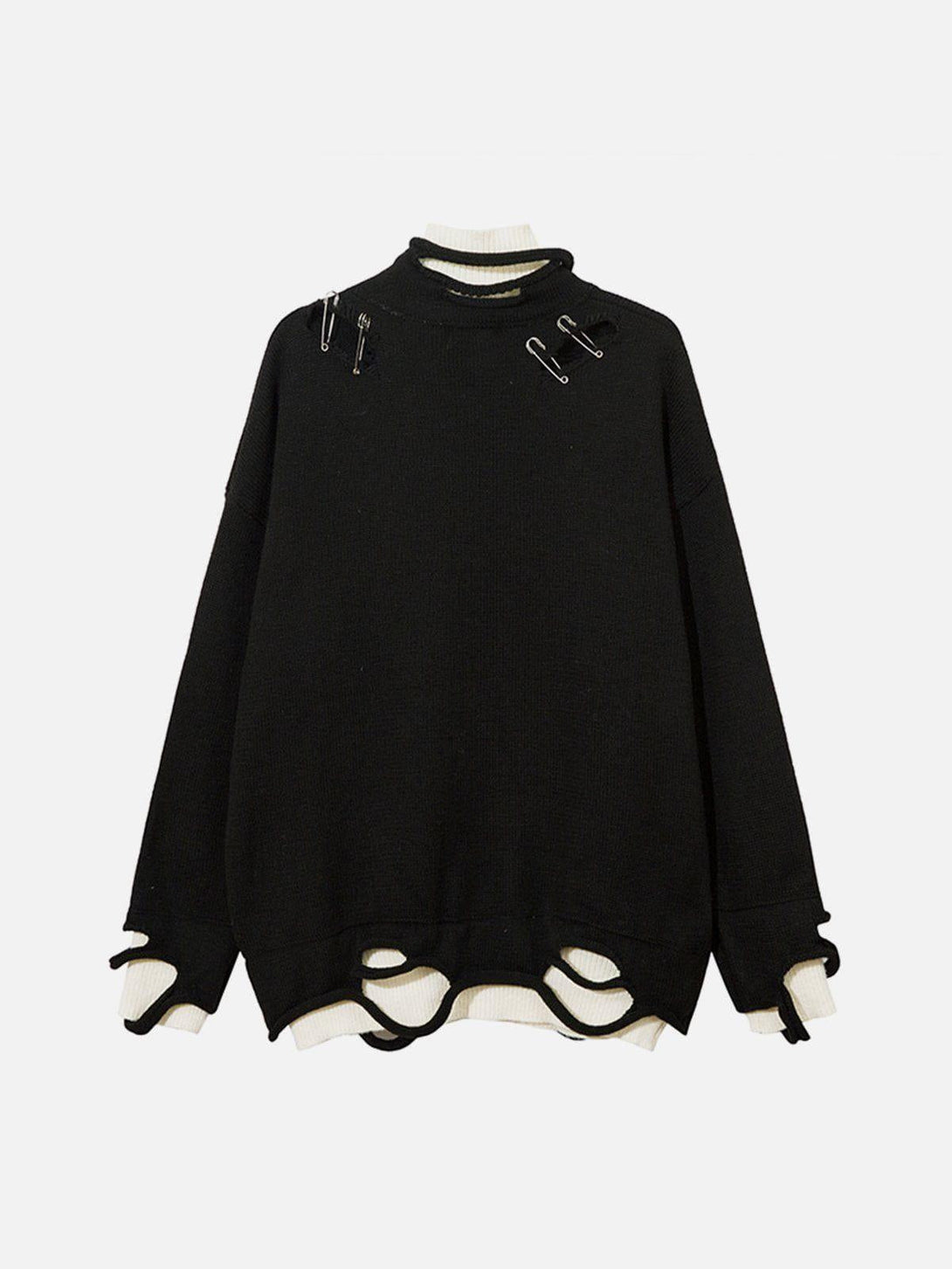 Edgy black sweater by TALISHKO with safety pin accents and a layered hem detail.