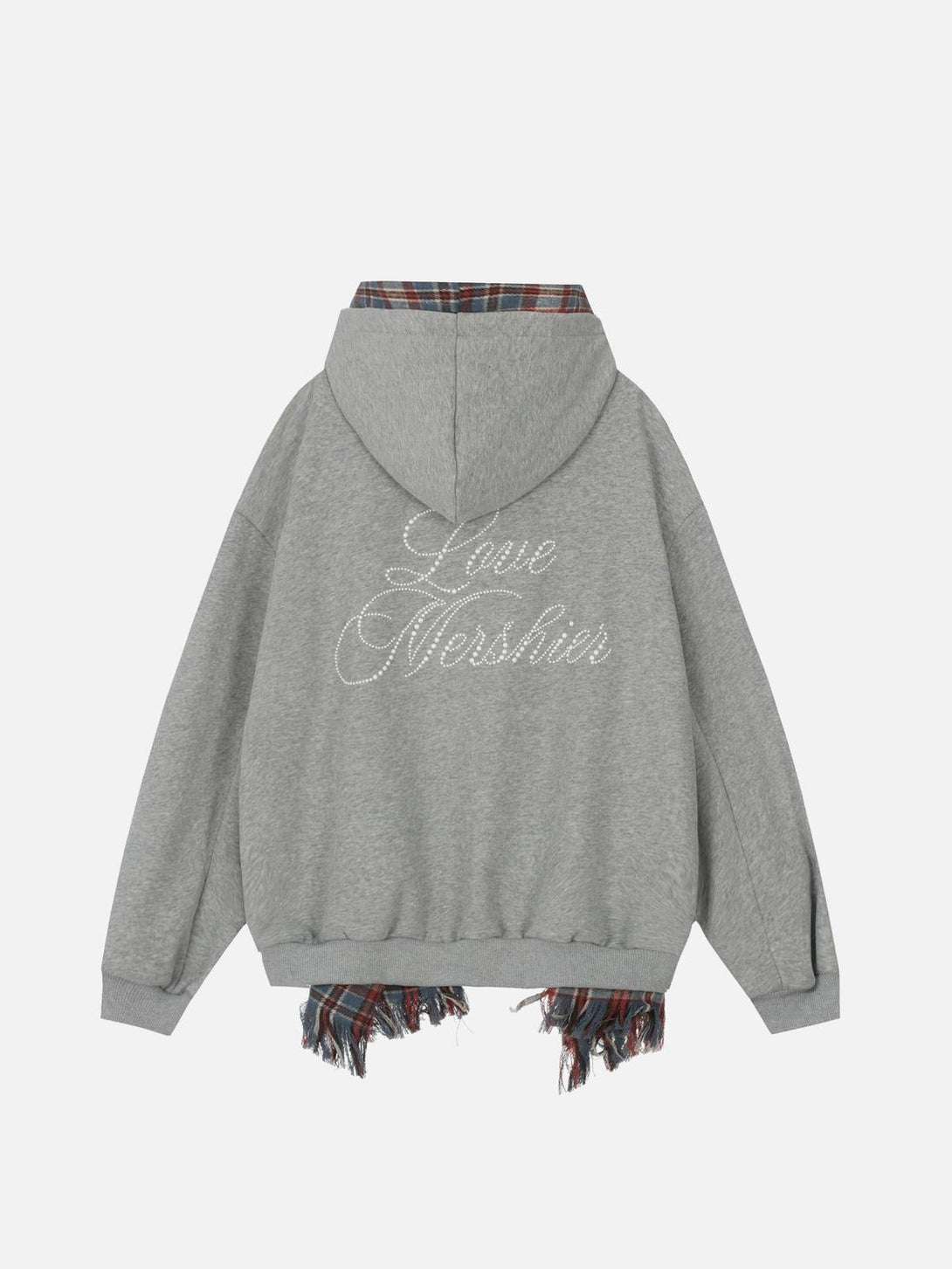Back view of gray TALISHKO hoodie with plaid scarf detail and elegant script embellishment.