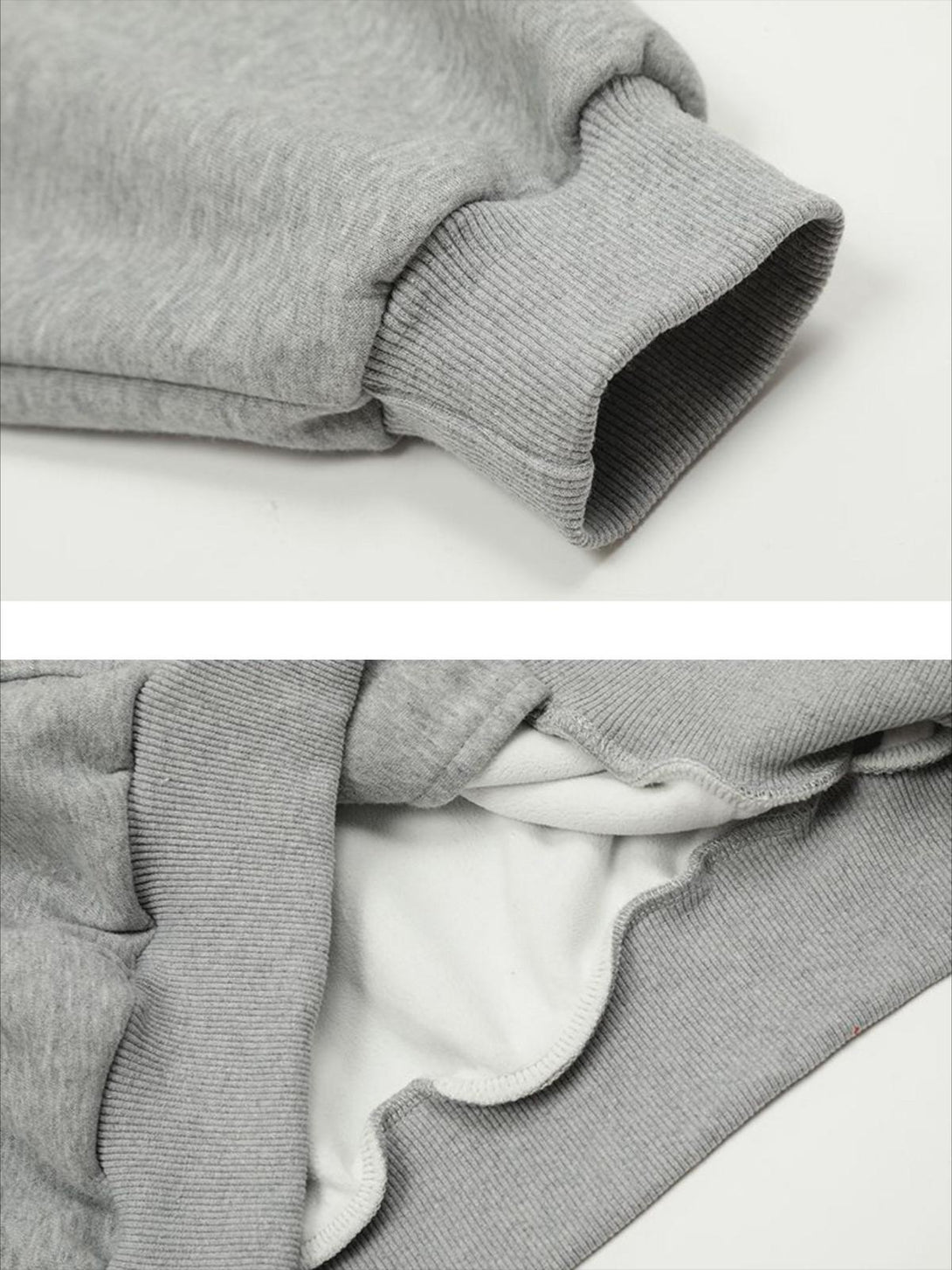 Detailed fabric and stitching of gray TALISHKO hoodie, showcasing cozy ribbed cuffs and interior.