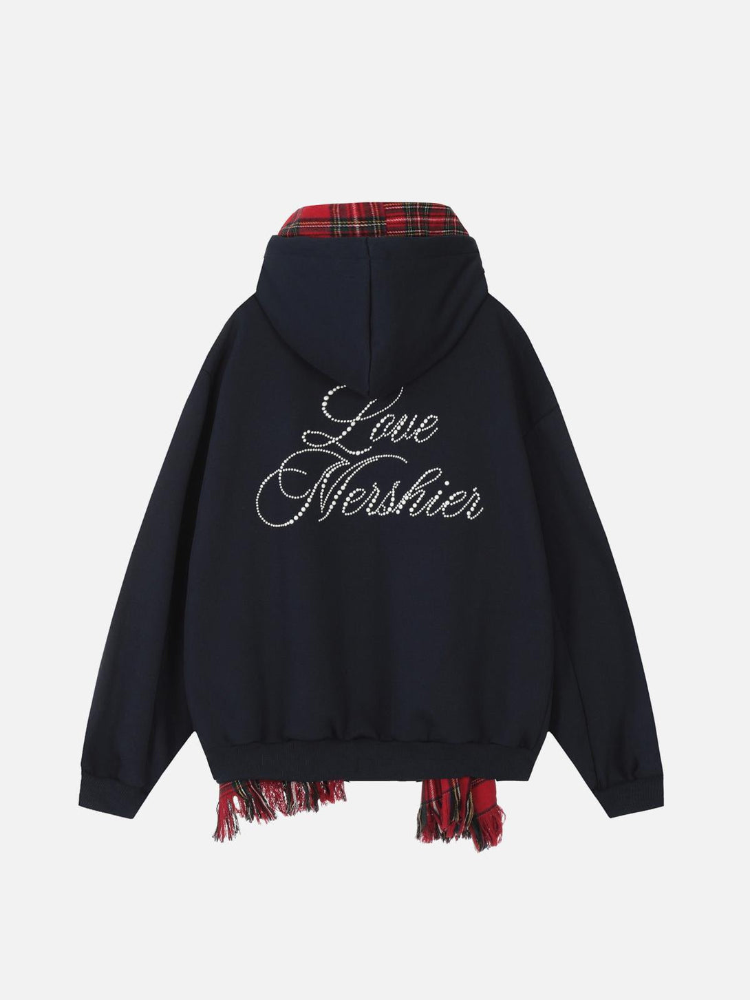 Back view of a TALISHKO hoodie featuring a plaid scarf detail and elegant script design.