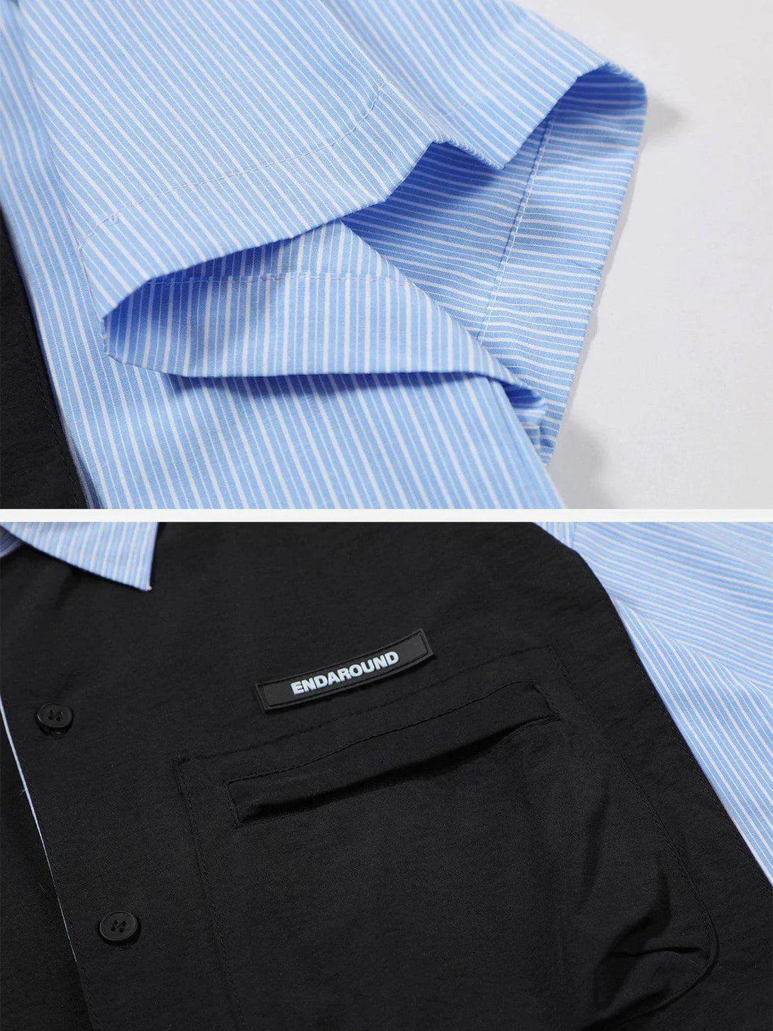 A detailed view of the TALISHKO patchwork shirt's blue striped sleeve and black chest pocket.