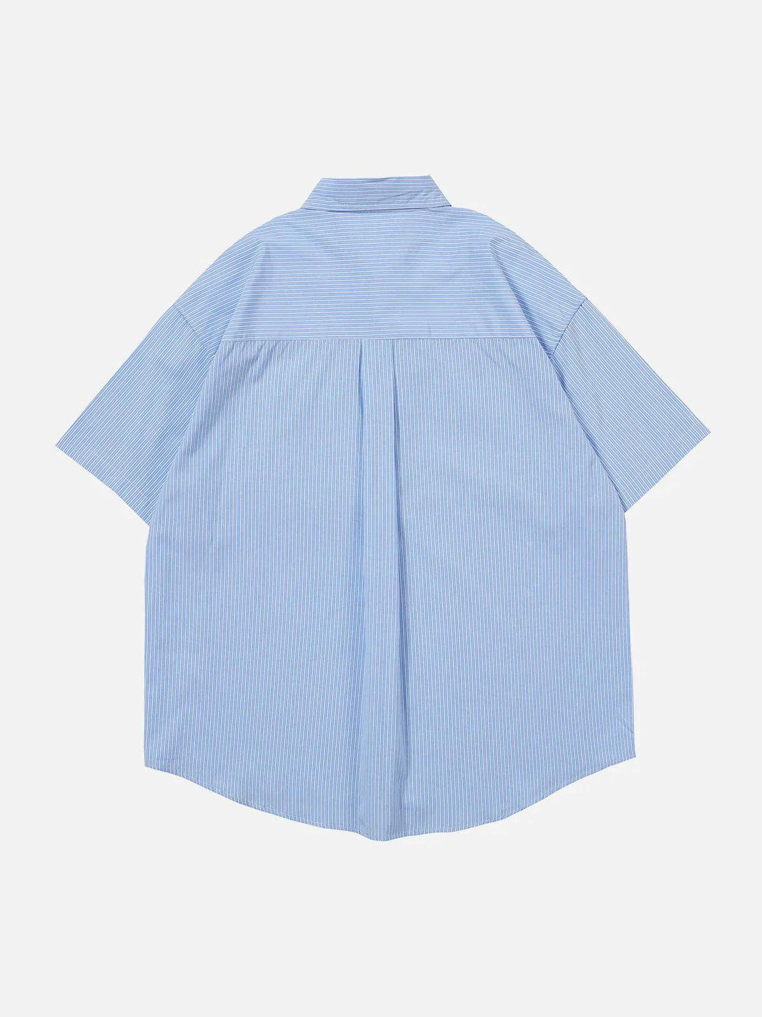 Back view of a blue patchwork short sleeve shirt by TALISHKO, highlighting its relaxed fit.