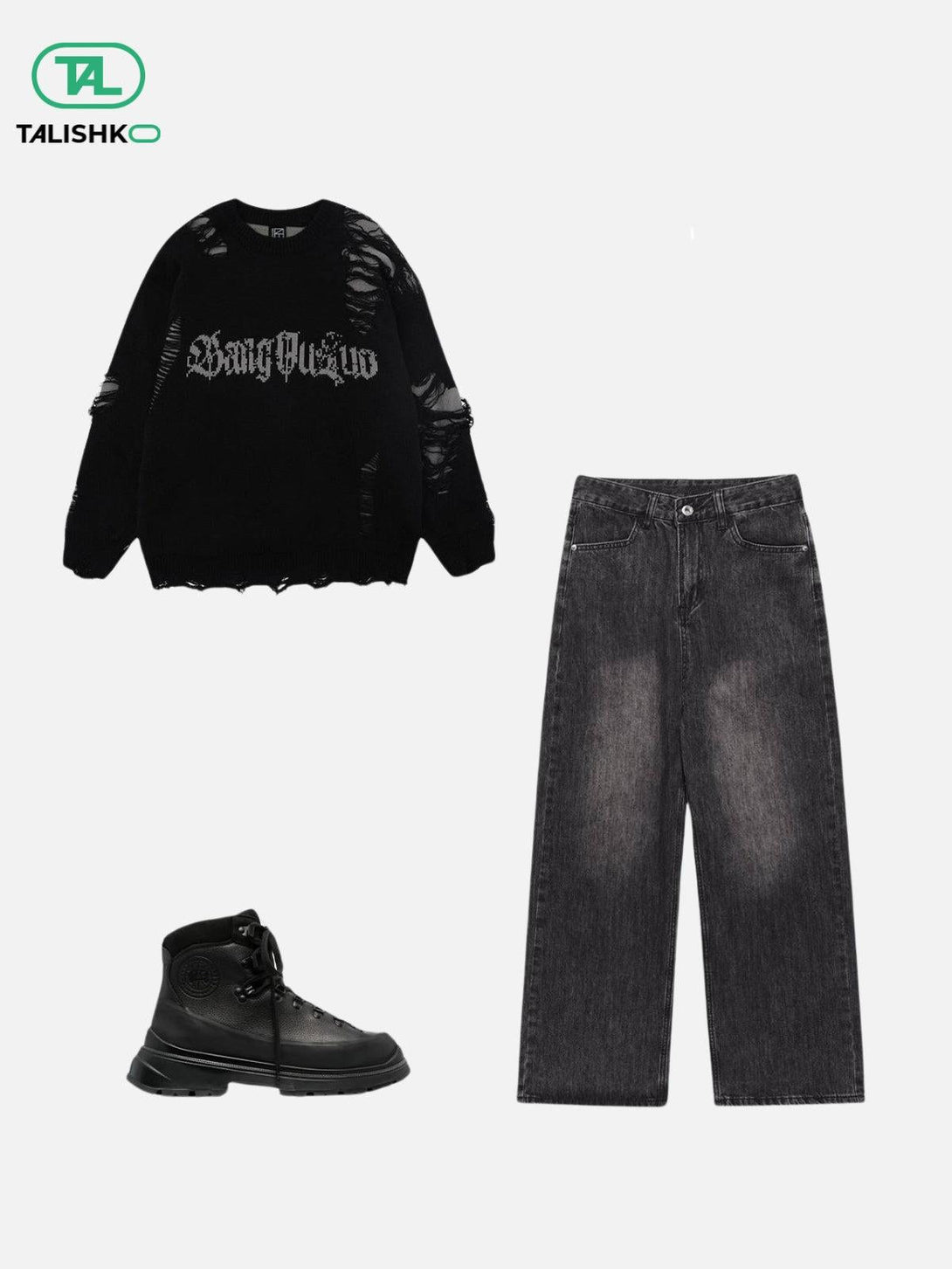 Edgy black TALISHKO sweater with distressed details, paired with dark jeans and boots.