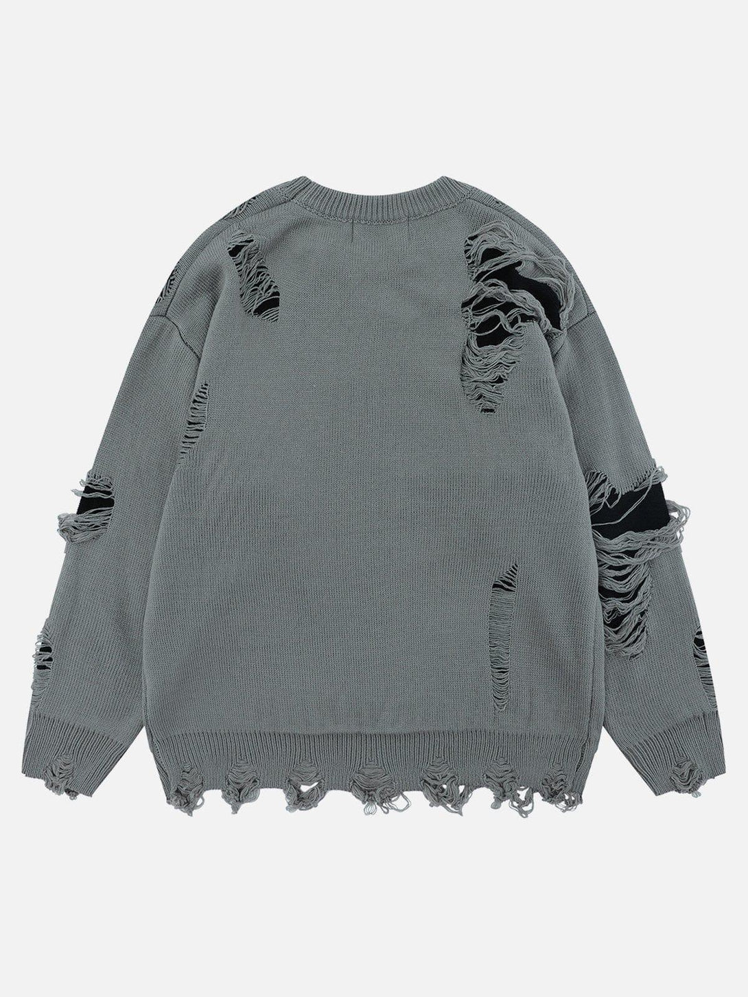 Back view of a gray TALISHKO sweater with ripped details, highlighting its edgy design.