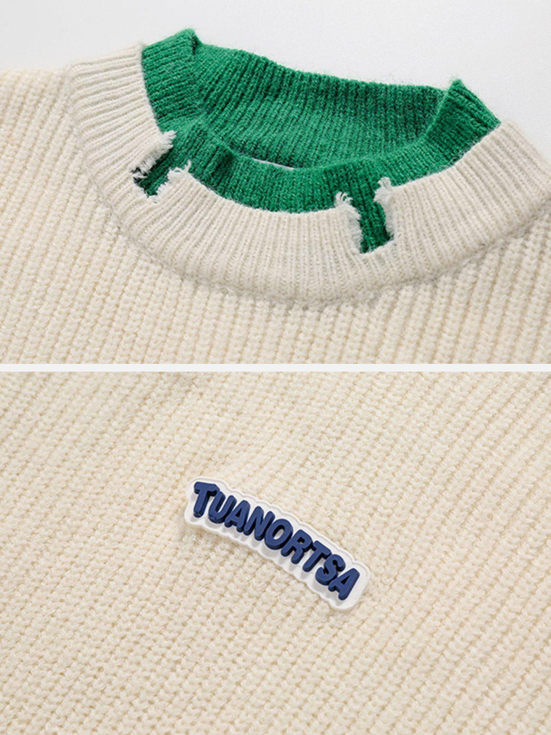 A detailed look at TALISHKO's fake two sweater, highlighting the textured knit and green collar.