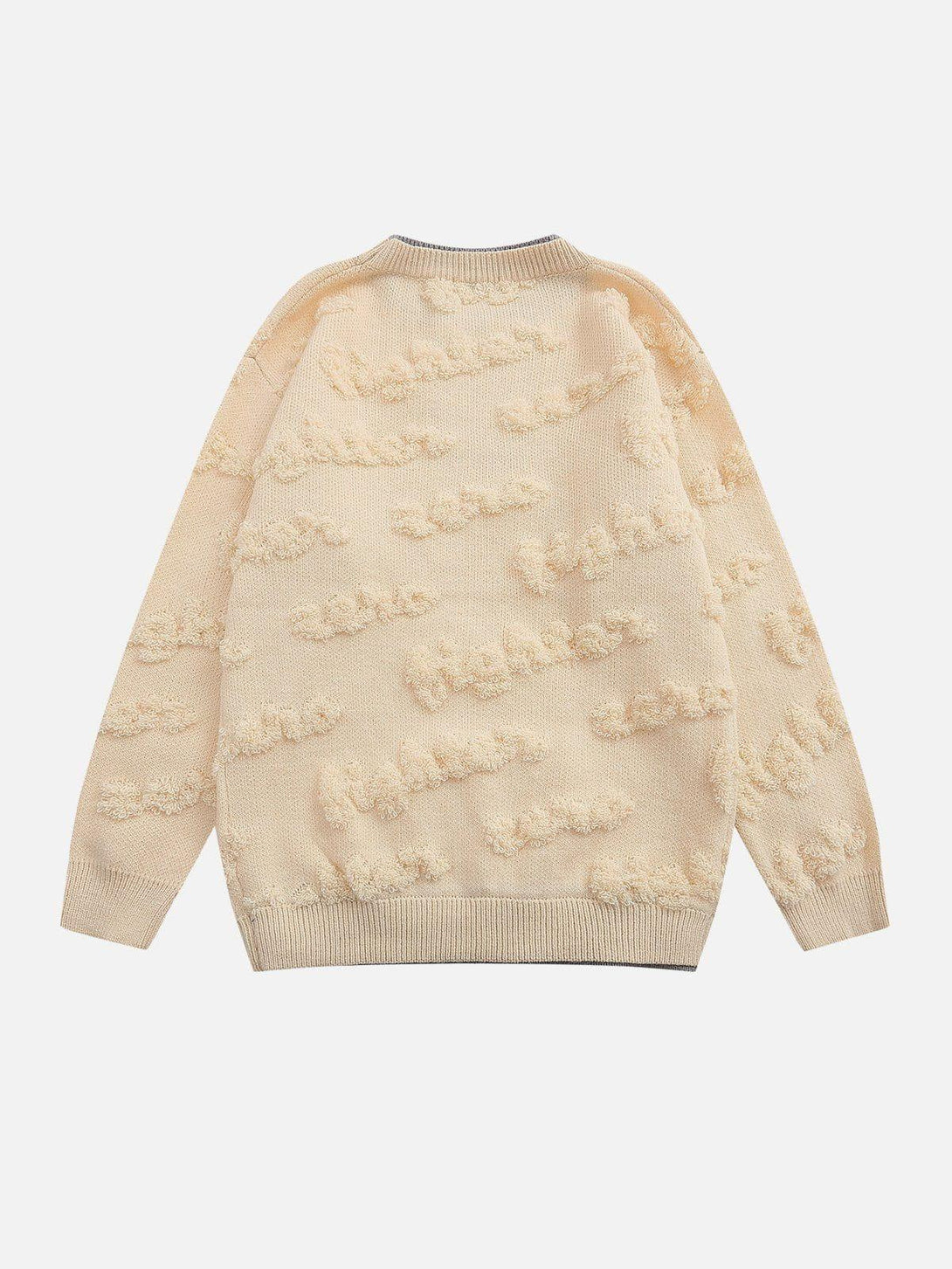 Back view of a beige TALISHKO sweater, featuring textured knit patterns and a cozy design.