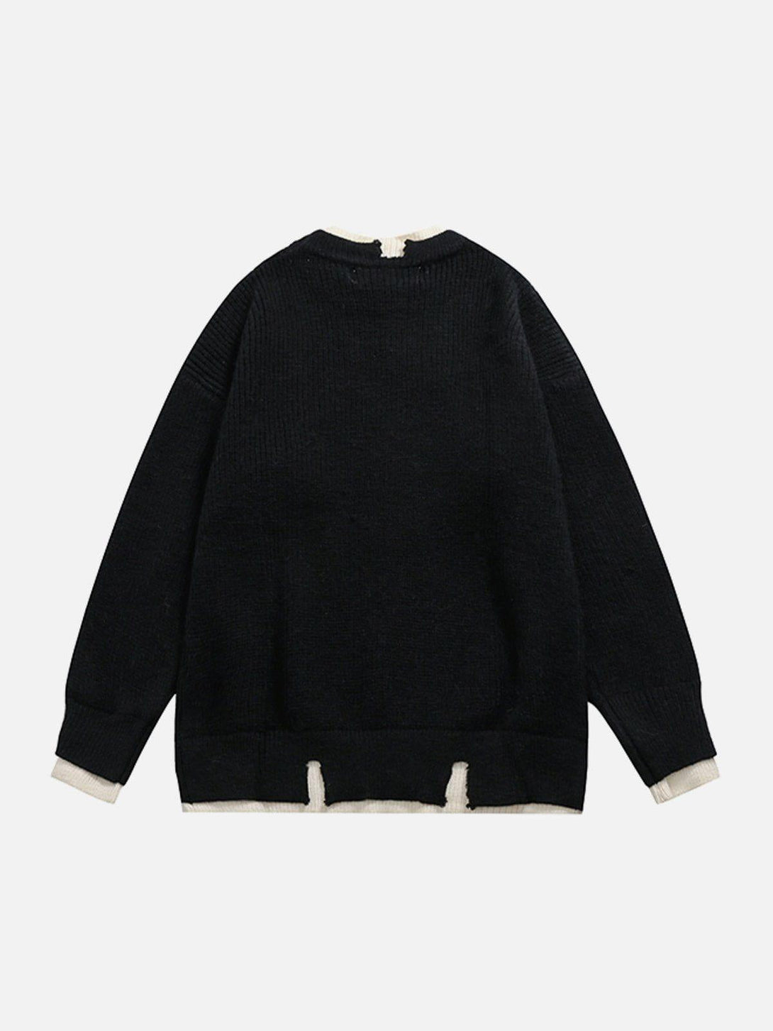 Back view of a black TALISHKO fake two sweater, highlighting its relaxed and layered design.