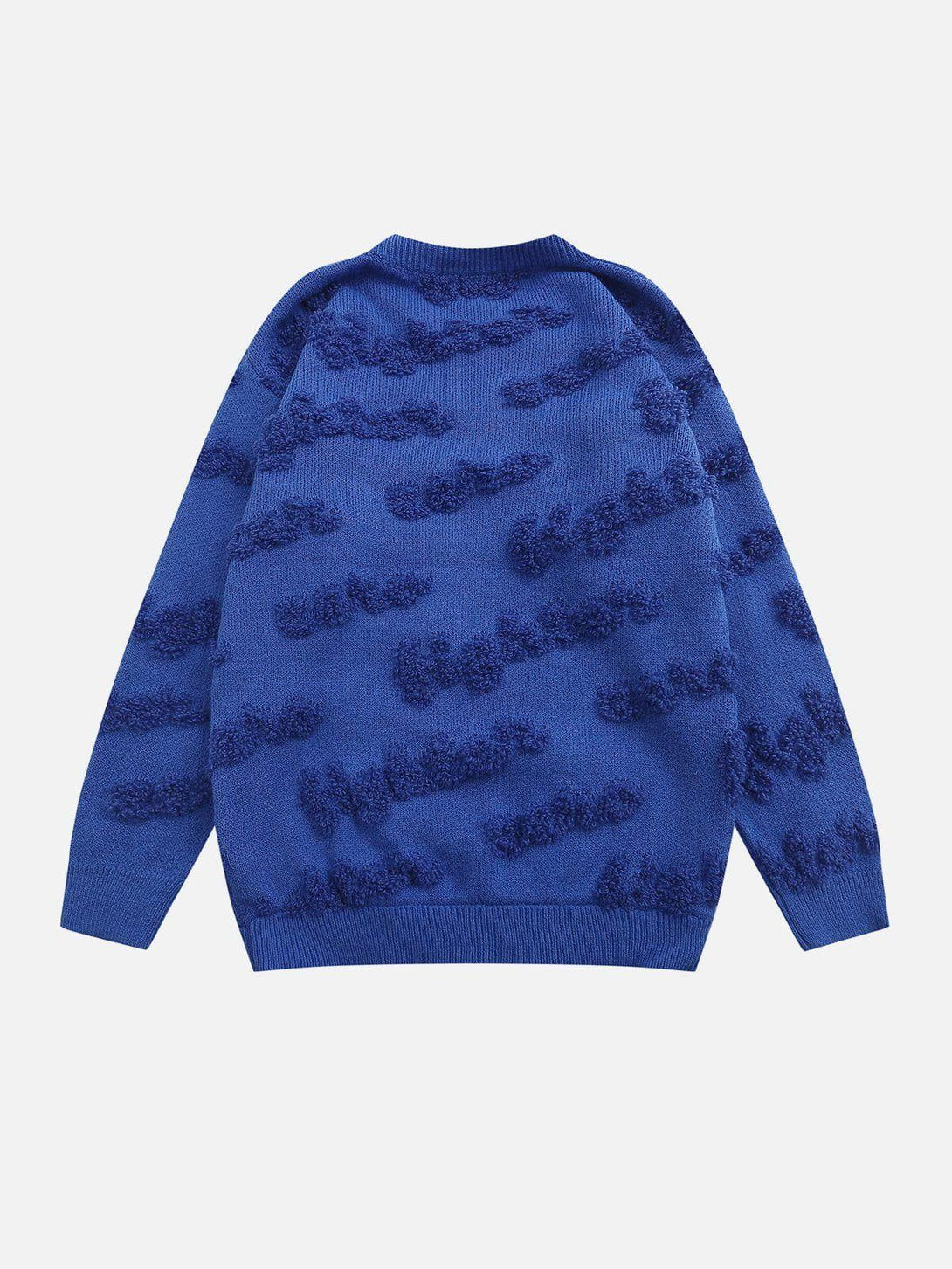 Back view of a blue TALISHKO fake two sweater, showcasing textured patterns and a cozy design.
