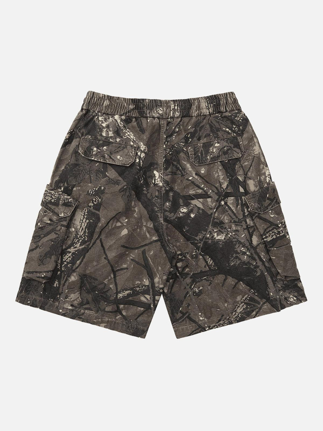 Back view of TALISHKO camouflage shorts featuring a fallen leaf pattern and multiple pockets.