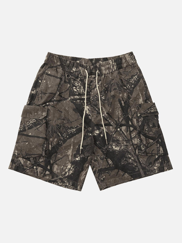 TALISHKO workwear shorts with a fallen leaf camouflage pattern and practical pocket design.
