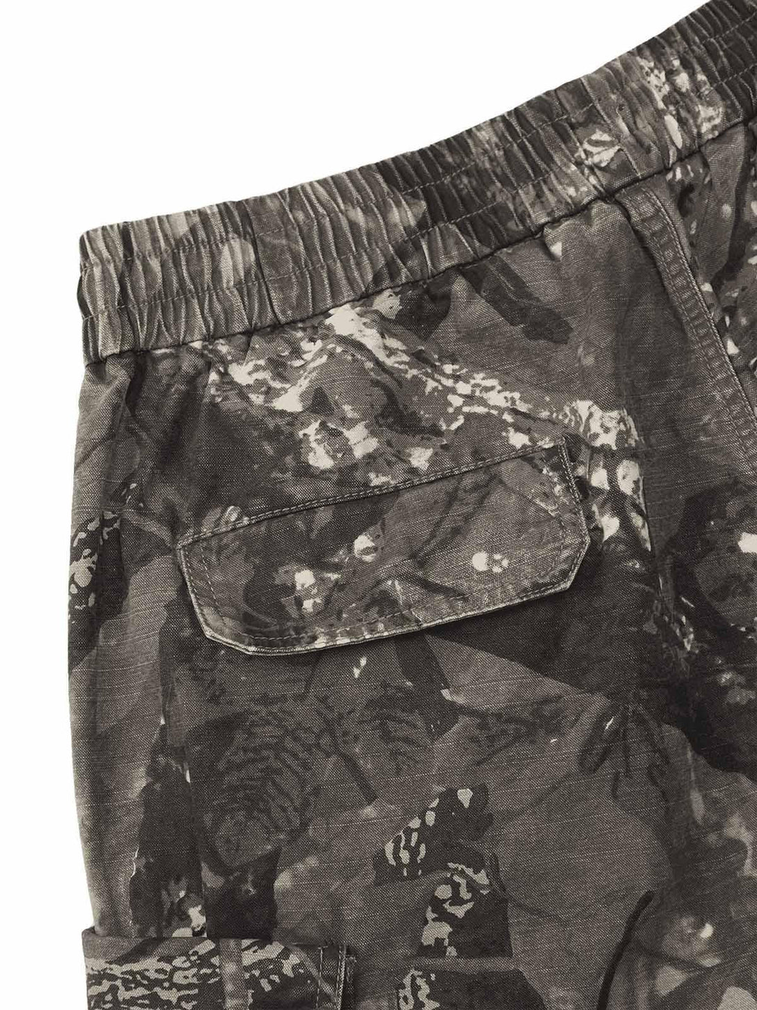 Intricate look at TALISHKO's camouflage shorts, showcasing detailed pocket and fabric design.