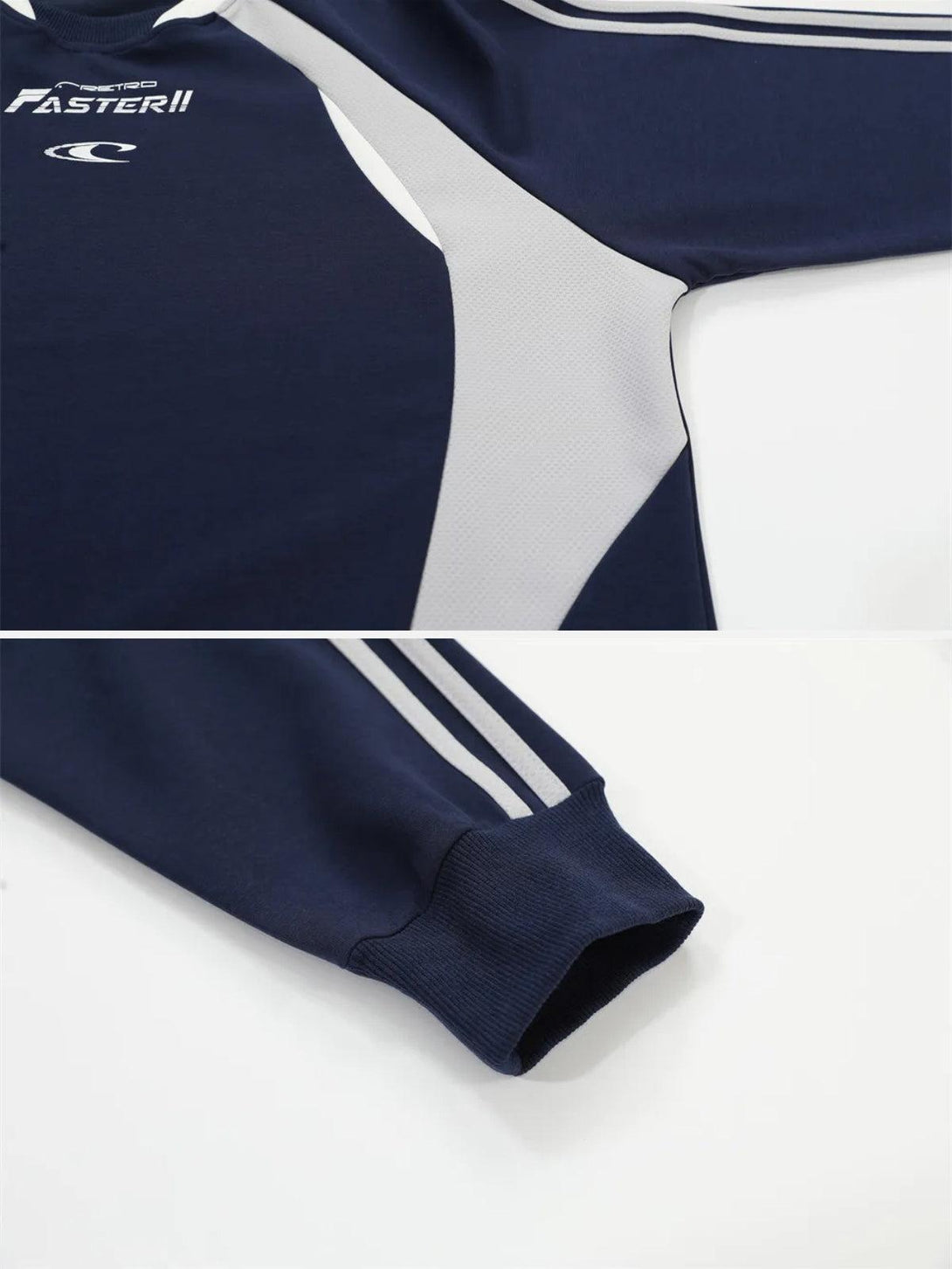 Detailed fabric and sleeve design of navy TALISHKO sweatshirt, highlighting sporty accents.
