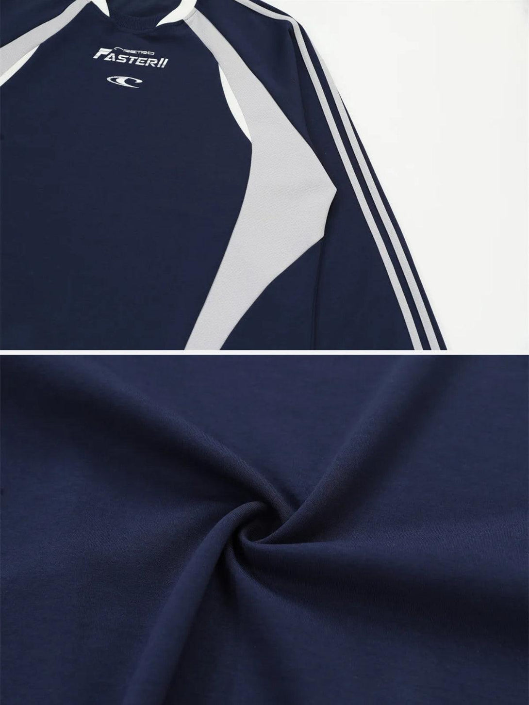 Detailed view of navy TALISHKO sweatshirt fabric and design, featuring a sporty style.