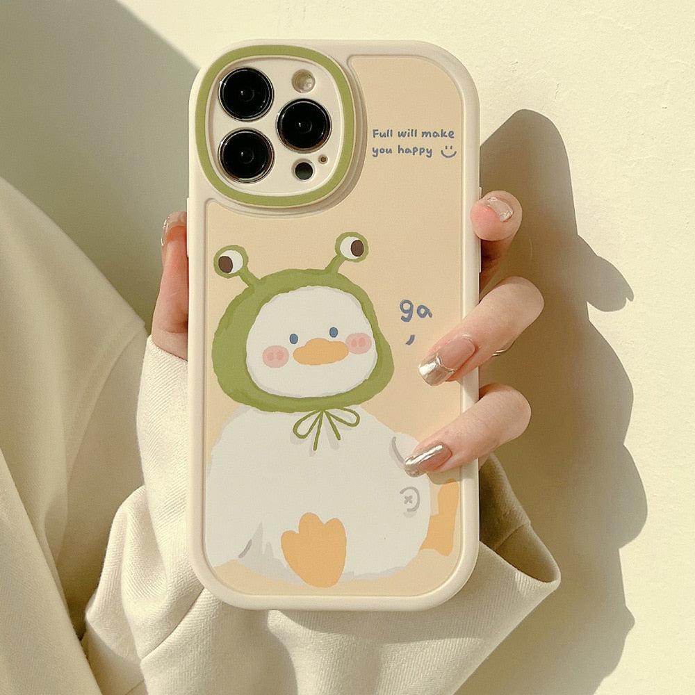 Adorable iPhone case by TALISHKO, featuring a cute duck in a frog hood on a pastel background.