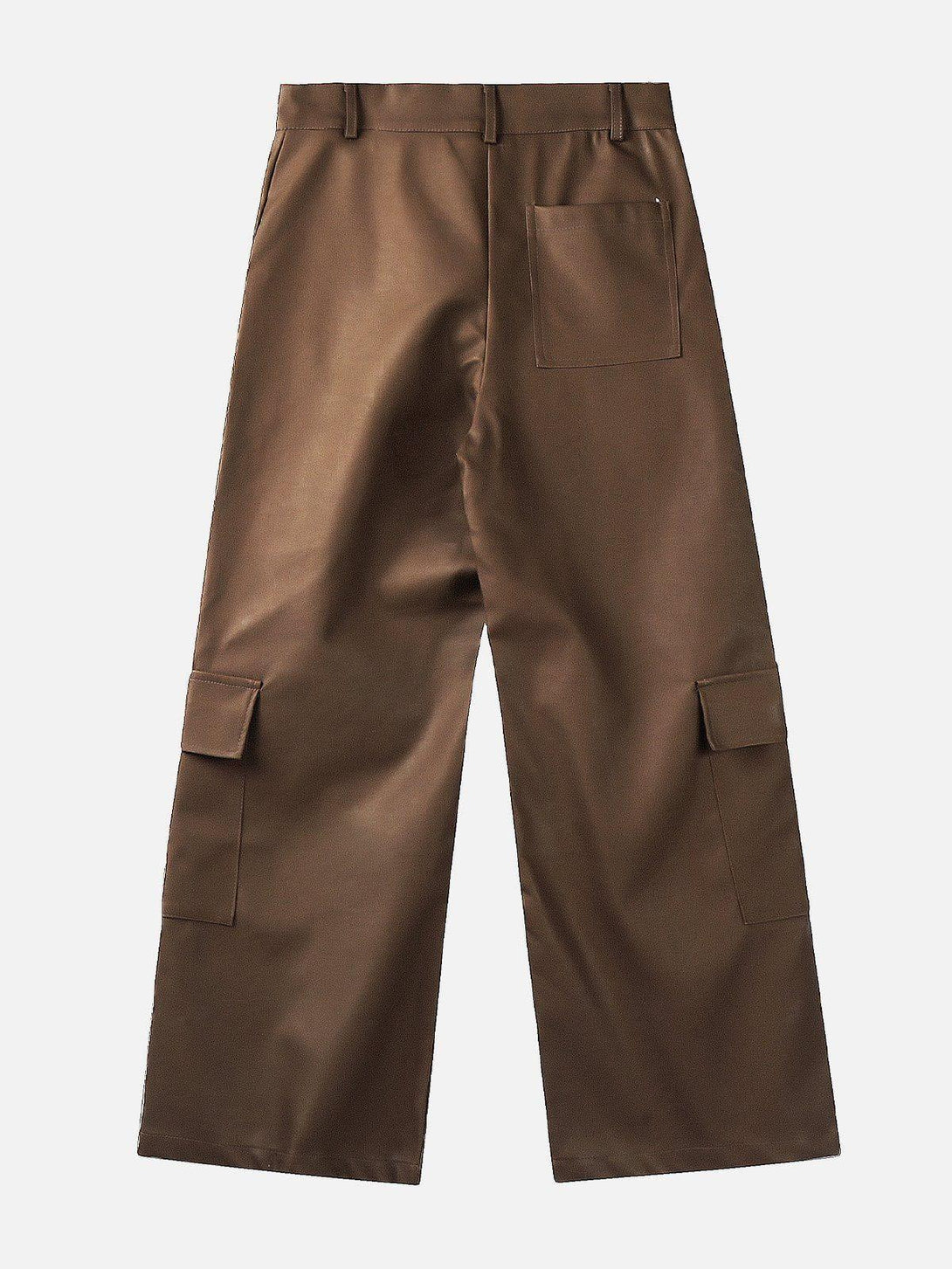 Back view of brown faux leather cargo pants by TALISHKO, highlighting utility pockets.