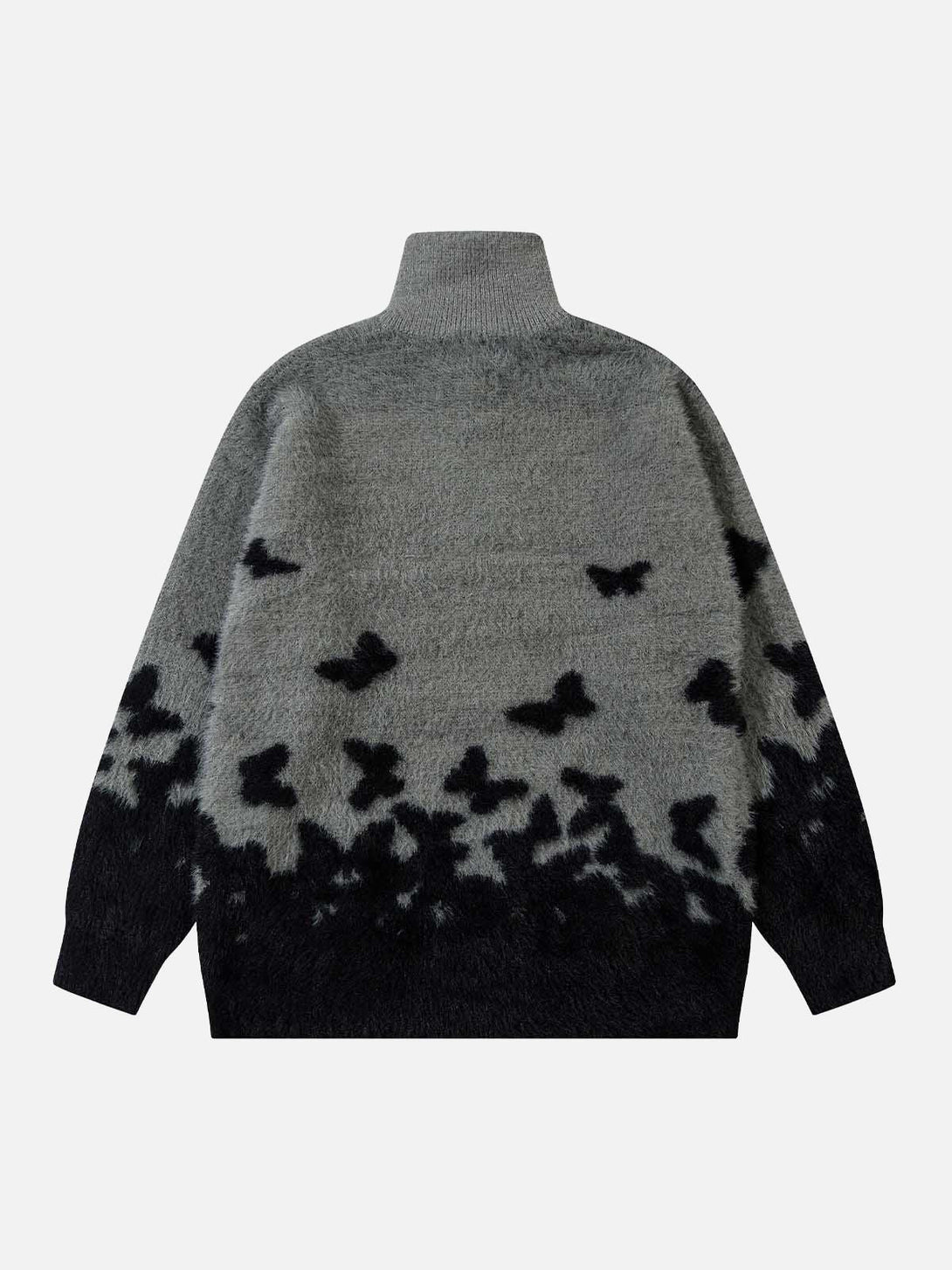 Back view of TALISHKO gray turtleneck sweater with black butterfly pattern.