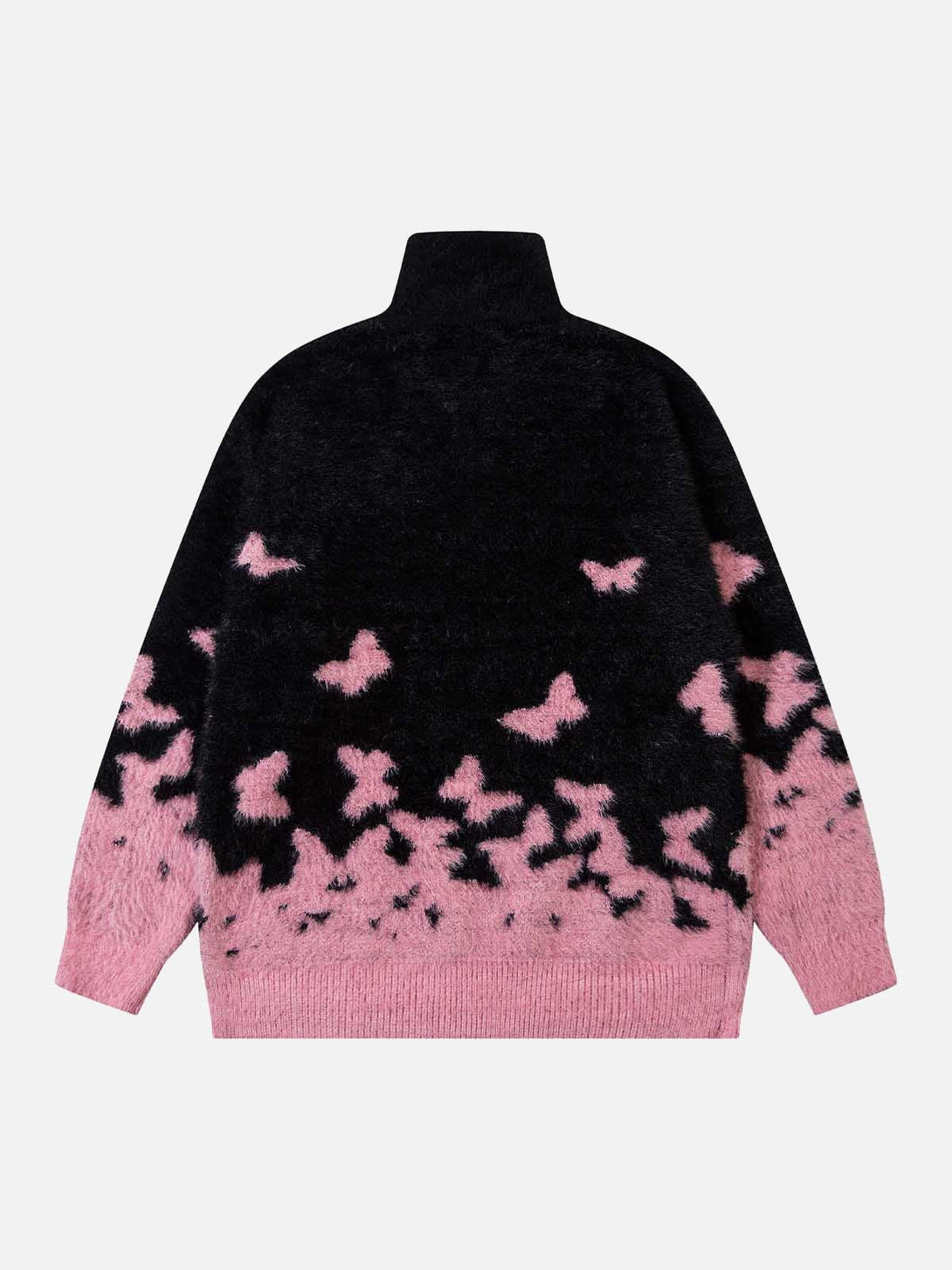 Back view of TALISHKO pink and black sweater with butterfly pattern and turtleneck design.