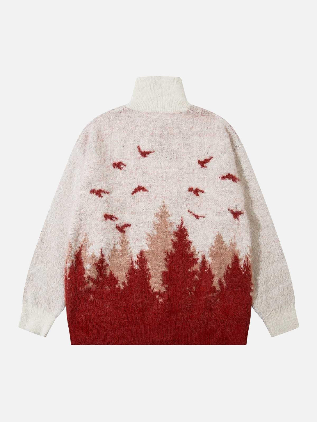 Back view of TALISHKO high-collar sweater with red forest and bird design in cozy knit.