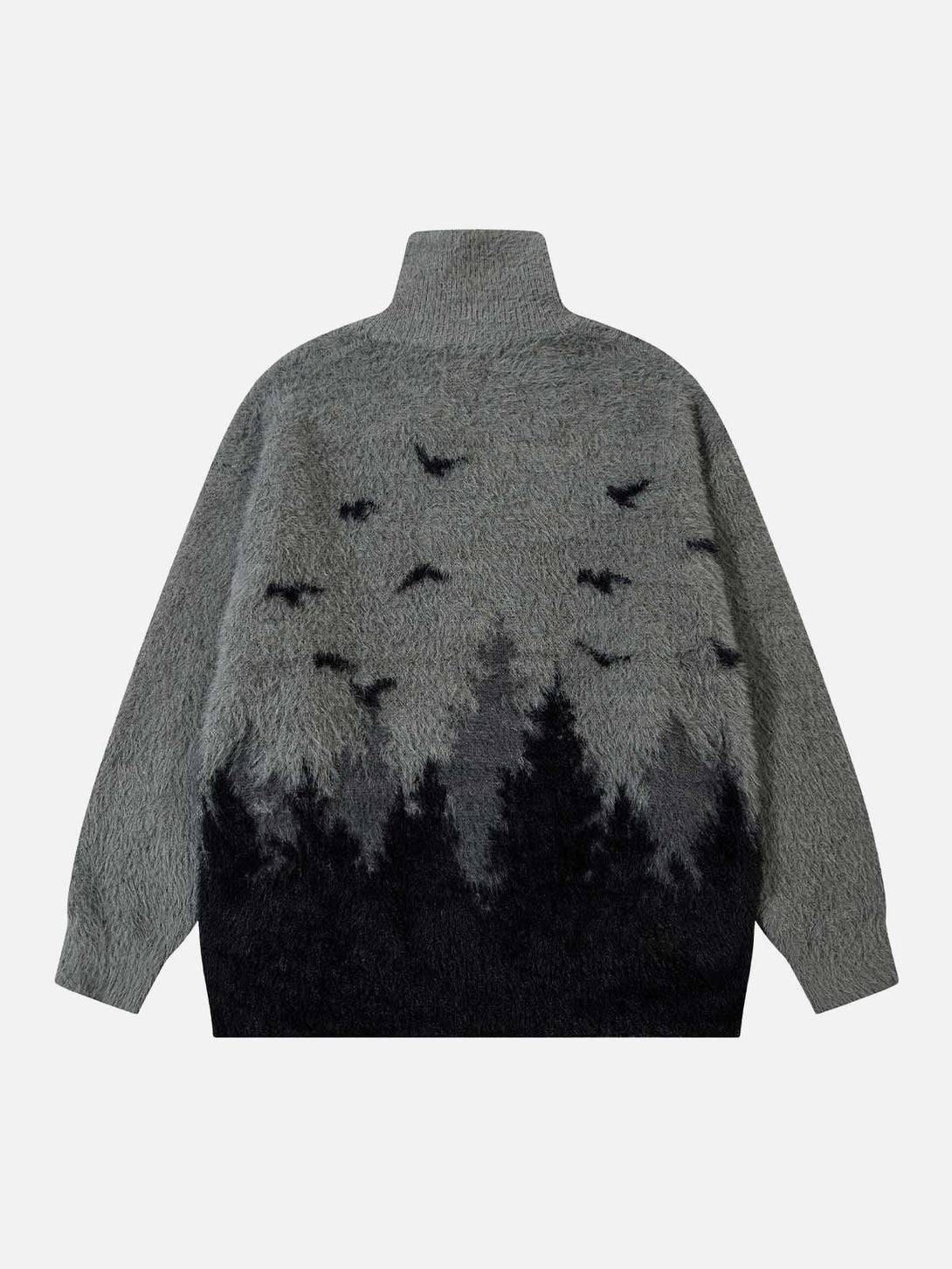 Back view of a TALISHKO high-collar sweater showcasing a forest and bird motif in soft gray tones.