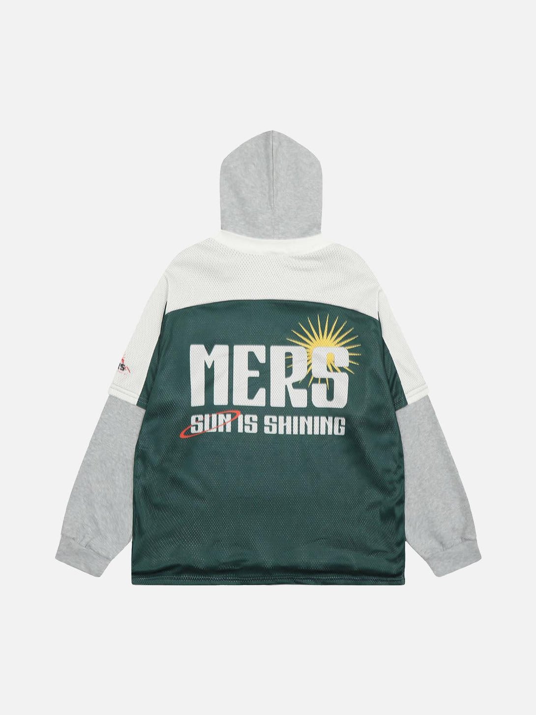 Back view of a faux two-piece hoodie by TALISHKO, featuring contrast colors and bold text design.