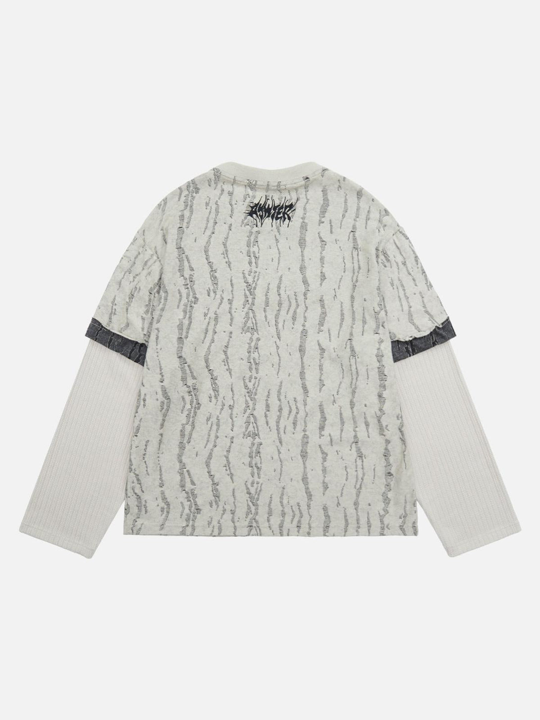 Back view of TALISHKO's distressed faux two-piece woolen T-shirt with layered sleeves.