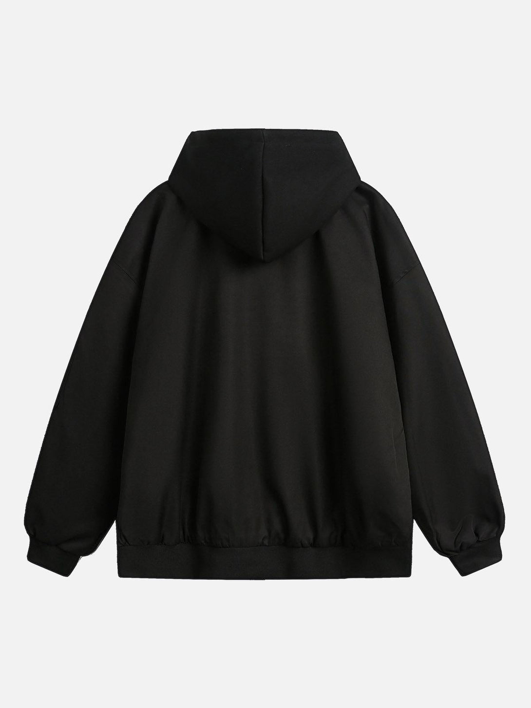 Back view of a black hooded bomber jacket by TALISHKO, showcasing a relaxed fit.